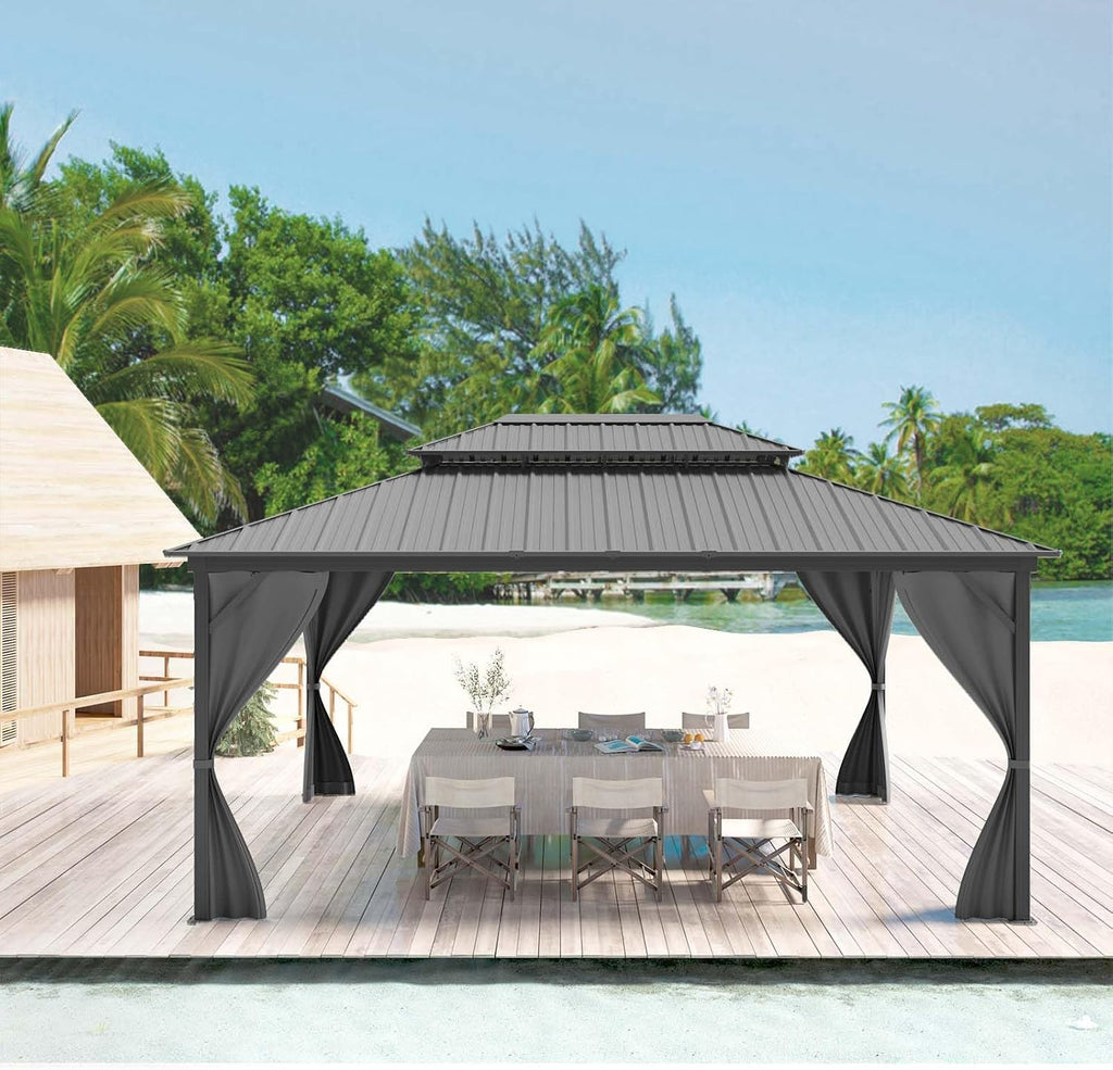 GAOMON Hardtop Gazebo - Outdoor Metal Pavilion with Galvanized Steel and Aluminum Frame, Double Roof Canopy with Netting and Curtains - Ideal for Patio, Backyard, Deck, and Lawns (12 * 16)