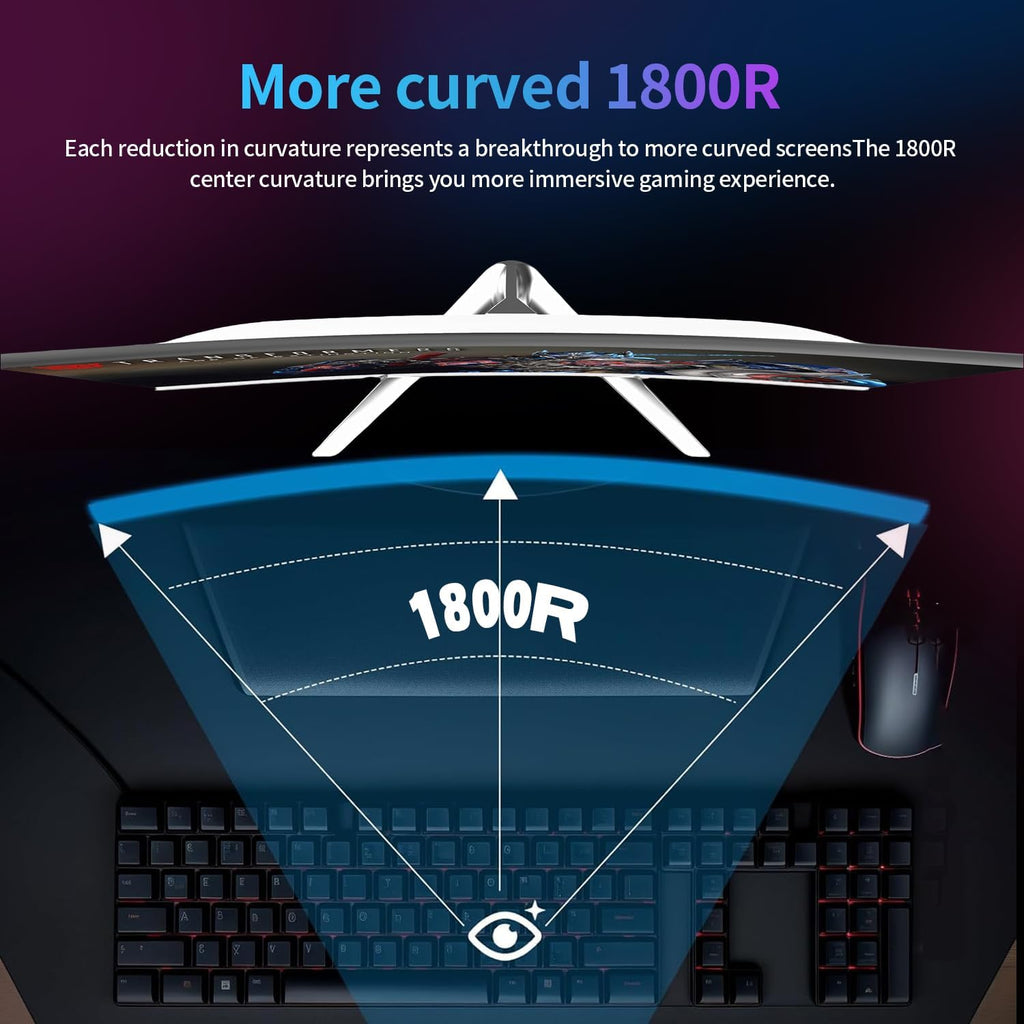 ZZA 27' Curved Gaming Monitor 300HZ Computer Monitor, FHD 1080p 1ms 1800R VA Screen, 99% sRGB, Support AMD FreeSync, Blue Light Filter, HDMI*2 & DP*2, VESA Mounting Compliant- White