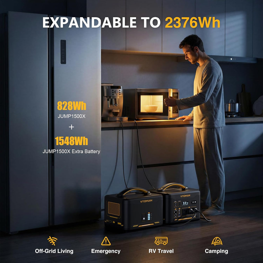 VTOMAN 2376Wh Portable Power Station, Jump 1500X Solar Generator with Extra Battery, 3000W Peak Durable LiFePO4 (LFP) Battery Station with 1500W AC Outlets, PD 100W for Home Backup & RV/Van Camping