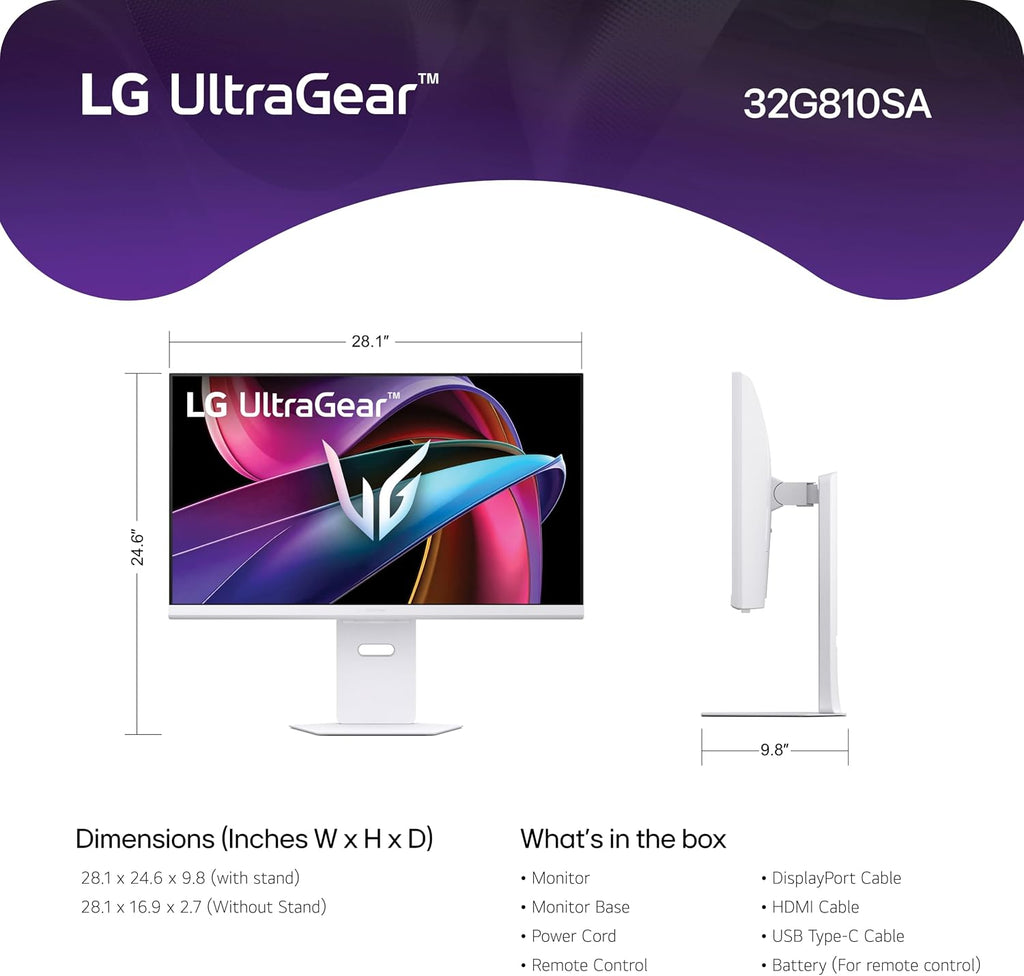 LG 32G810SA-W 32-inch Ultragear 4K UHD (3840 x 2160) IPS Gaming Monitor, 144Hz, 1ms, NVIDIA G-Sync Compatible, AMD FreeSync Premium, VESA DisplayHDR 400, HDMI, DisplayPort, USB Type-C, White