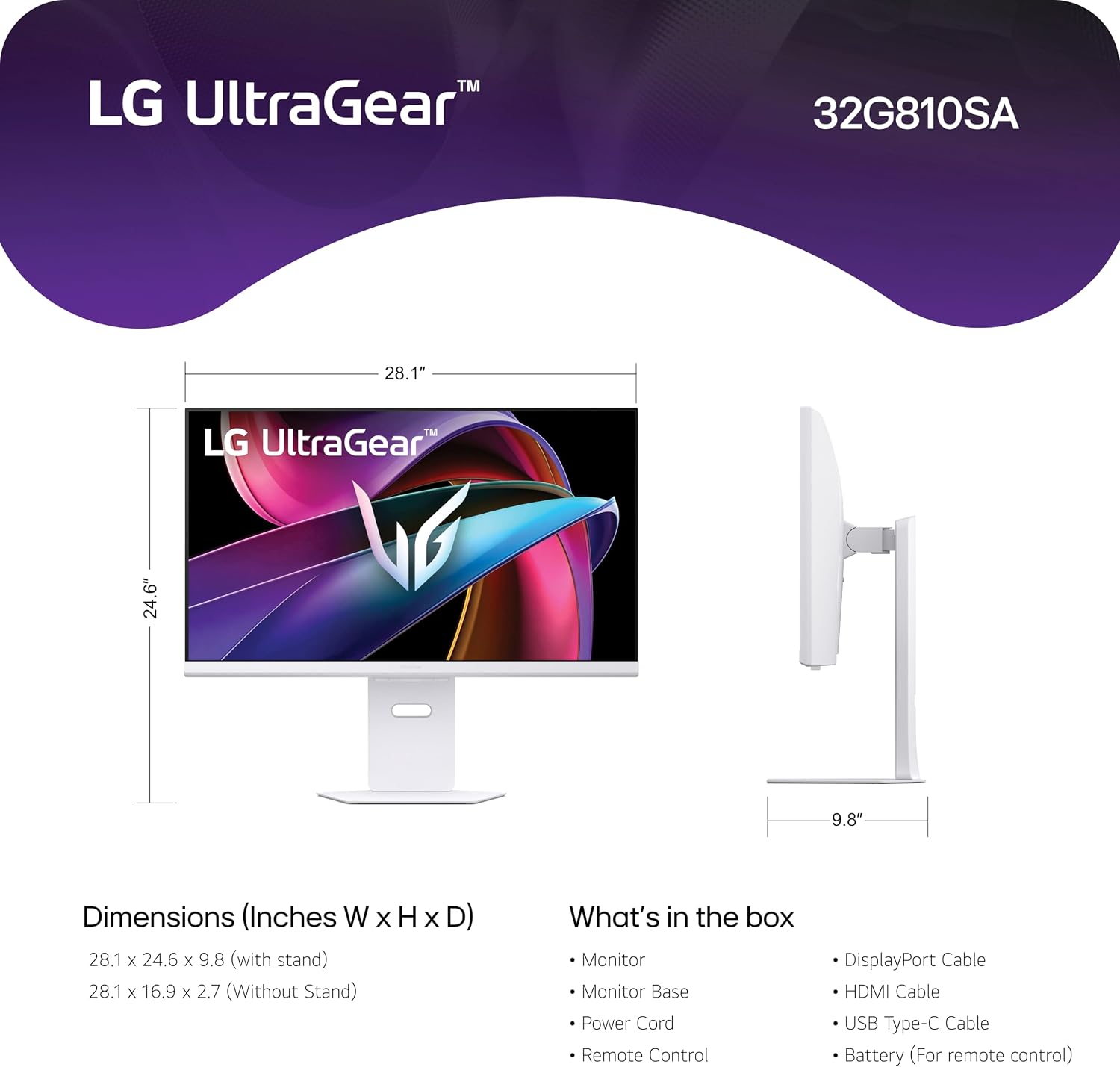 LG 32G810SA-W 32-inch Ultragear 4K UHD (3840 x 2160) IPS Gaming Monitor, 144Hz, 1ms, NVIDIA G-Sync Compatible, AMD FreeSync Premium, VESA DisplayHDR 400, HDMI, DisplayPort, USB Type-C, White
