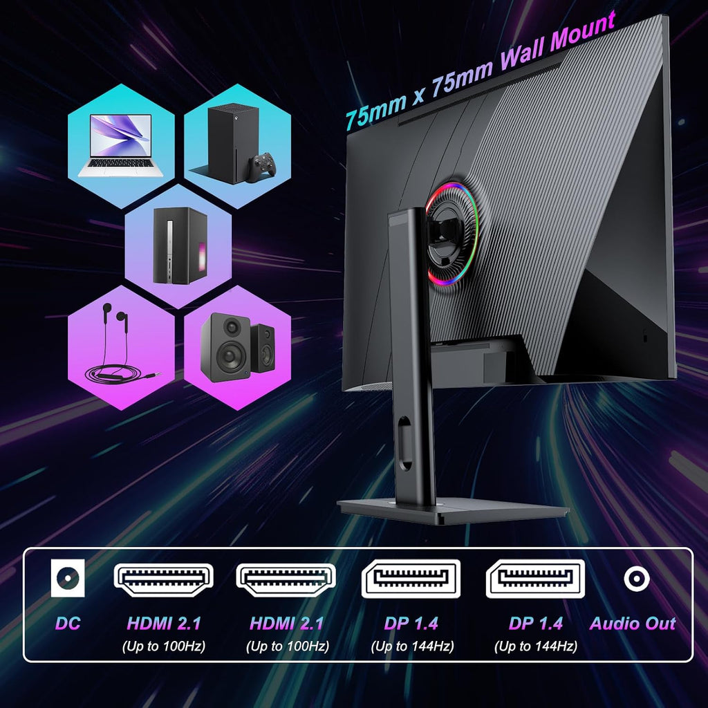 LXZ 27 inch Monitor 4K UHD 144Hz Gaming Monitor – IPS Panel with 1ms MPRT, Supports HDR, 84% NTSC, HDMI 2.1, Height/Tilt/Pivot/Swivel Stand, VESA Compatible, Eye Care – Black