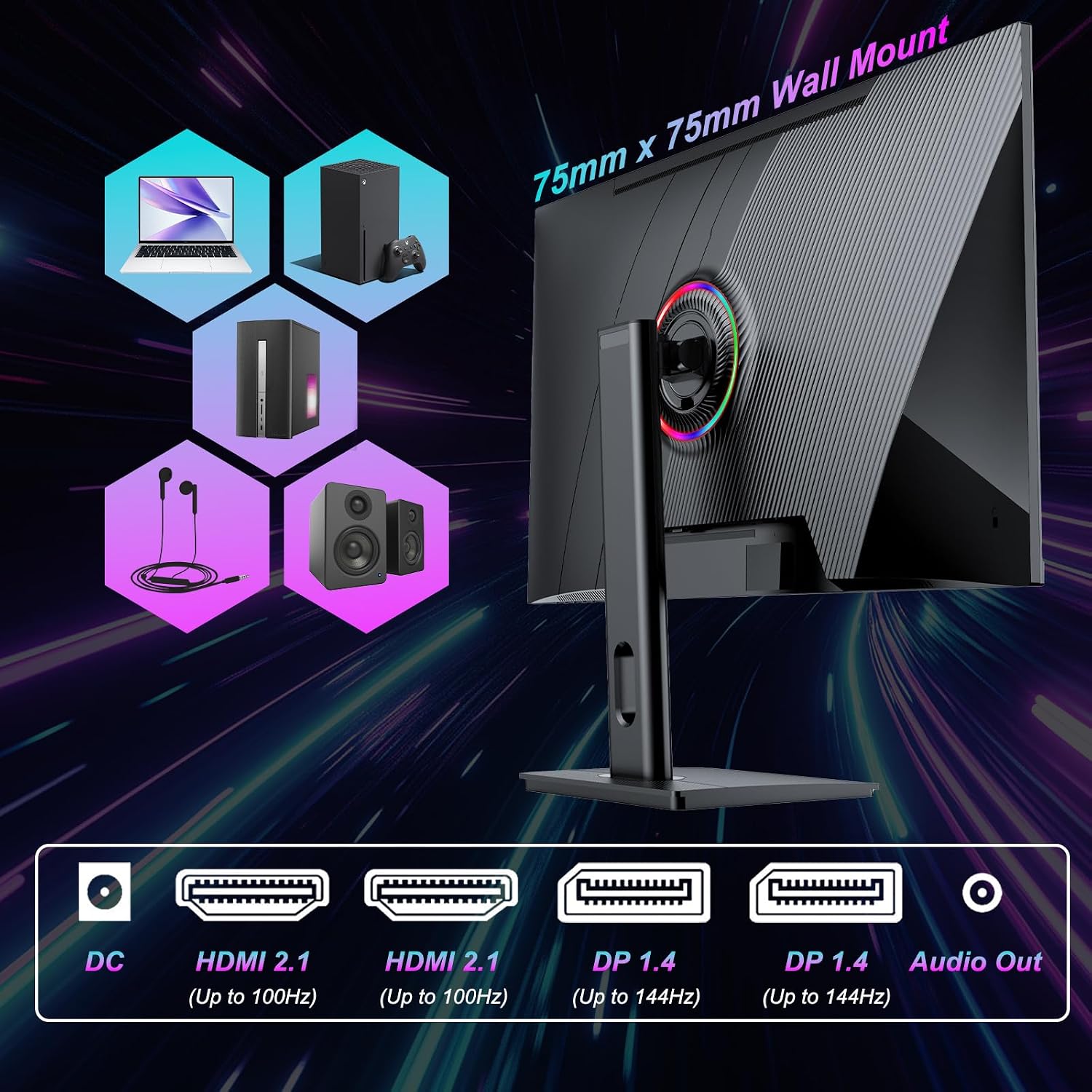 LXZ 27 inch Monitor 4K UHD 144Hz Gaming Monitor – IPS Panel with 1ms MPRT, Supports HDR, 84% NTSC, HDMI 2.1, Height/Tilt/Pivot/Swivel Stand, VESA Compatible, Eye Care – Black