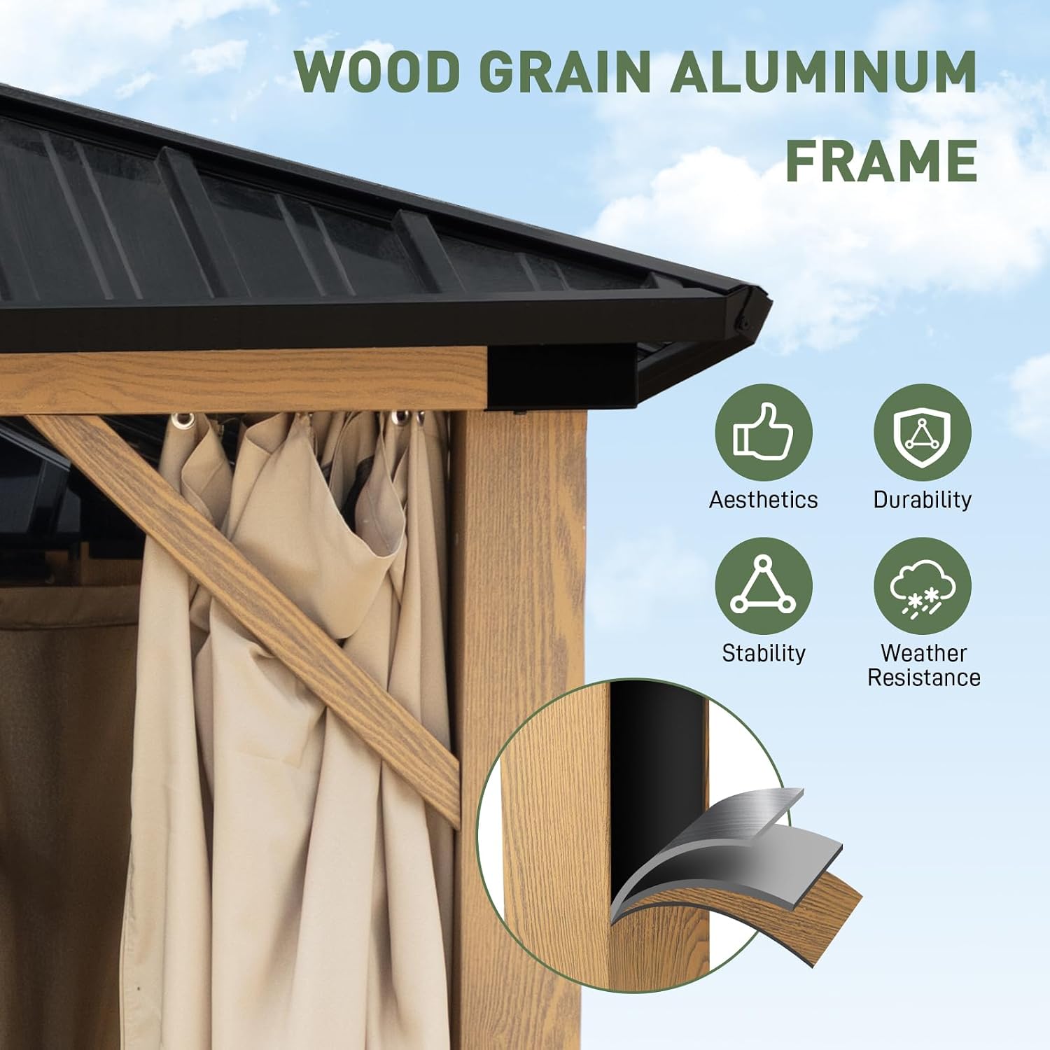 Aoodor 10 x 12 ft. Outdoor Hardtop Gazebo, Wooden Finish Coated Aluminum Frame Gazebo with Curtains and Mosquito Nettings for Patio, Garden, Backyard