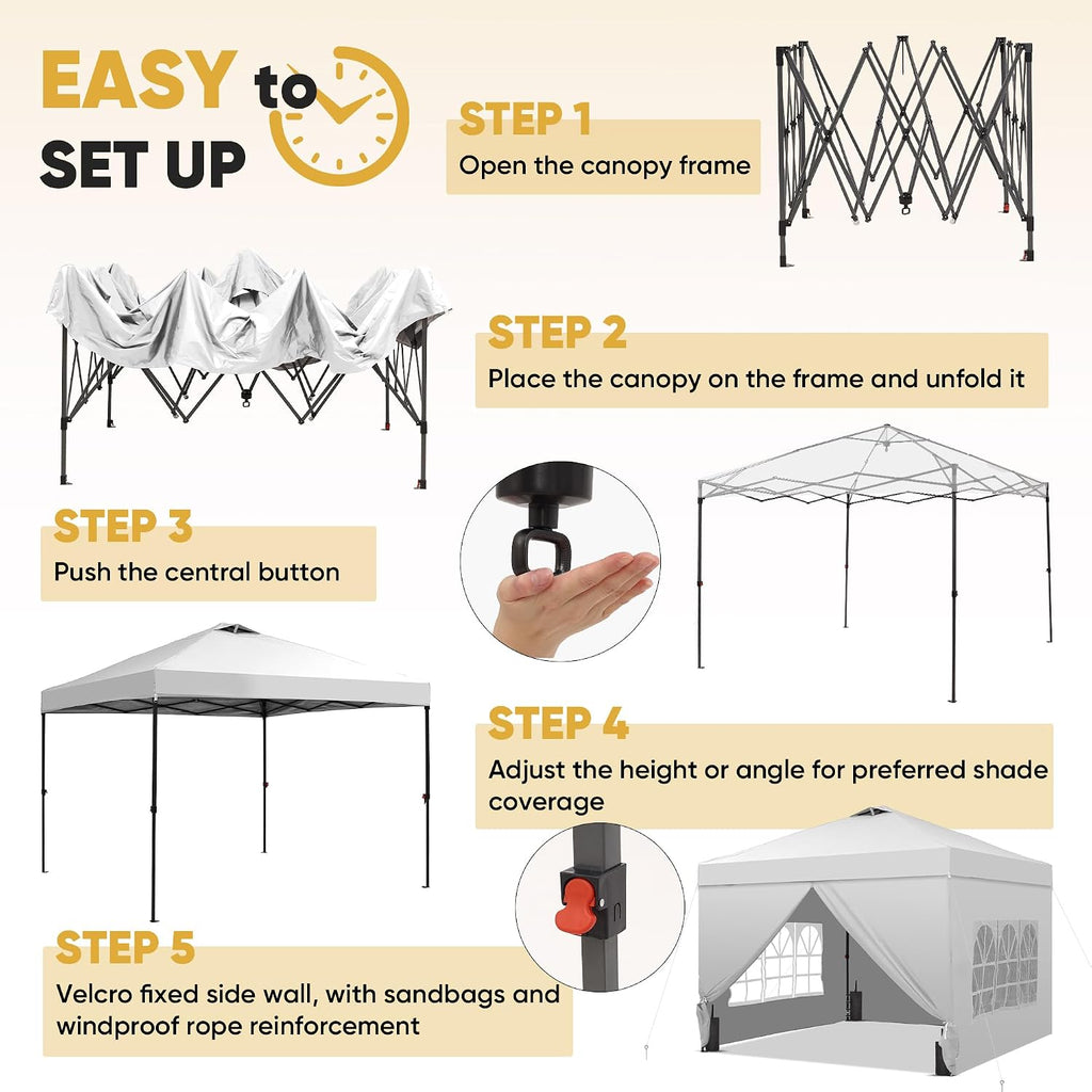 10x10 Pop Up Canopy Tent with One Push Setup, Portable Sun Shade Tent, Instant Easy Up Canopy with 4-Sidewalls & Wheeled Bag, Outdoor Fldable Gazebo with Vent Top, White.