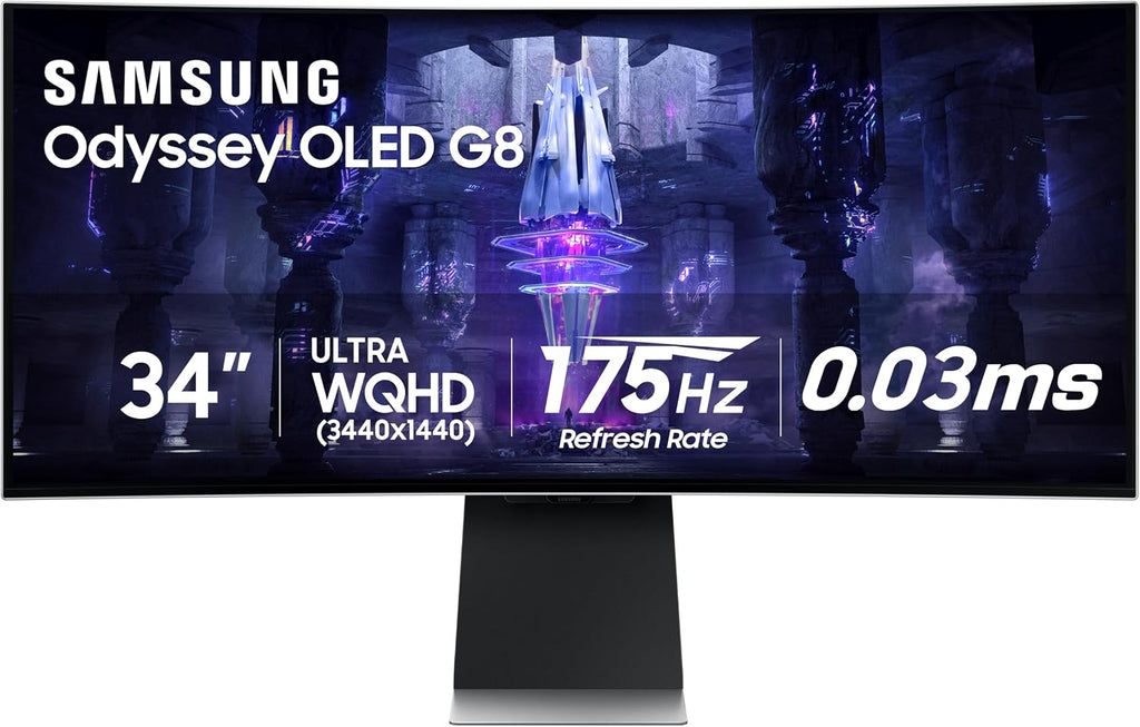 Samsung 34' Odyssey G85SB Series QD-OLED Ultra WQHD Curved Gaming Monitor, 175Hz, 0.03ms, DisplayHDR True Black 400, AMD FreeSync Premium Pro, Advanced Game Streaming, LS34BG850SNXZA