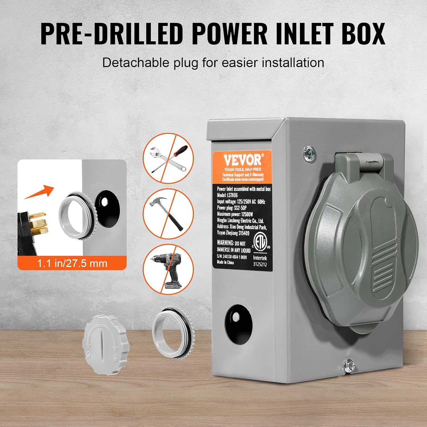 VEVOR 50 Amp Generator Cord and Power Inlet Box Kit, 50FT Generator Extension Cord NEMA 14-50P/SS2-50R STW 6/3+8/1 AWG with Twist Lock Connector, Pre-Drilled Inlet Box, ETL Listed