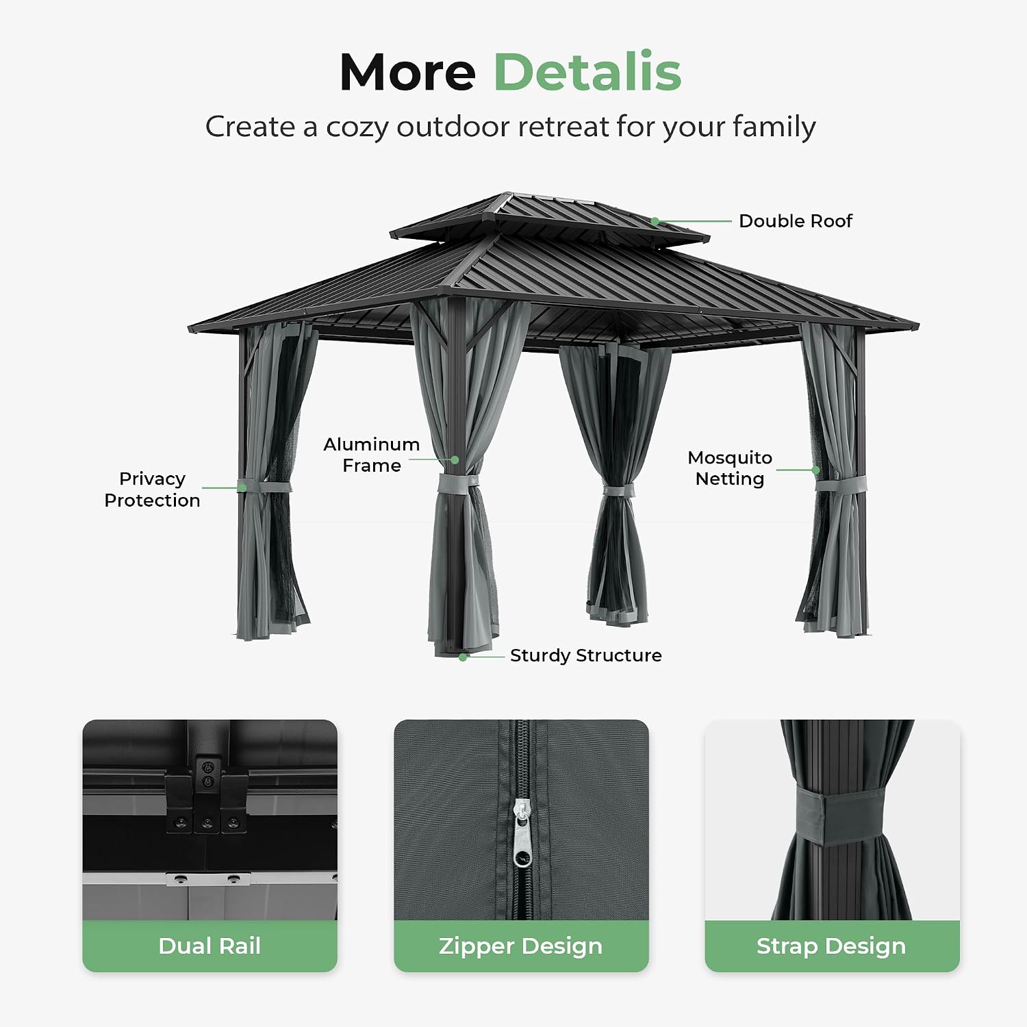 10' x 12' Hardtop Gazebo, Aluminum Frame with Double Galvanized Steel Roof,Permanent Outdoor Gazebo with Netting and Curtains for Backyard, Garden, or Deck, Gray