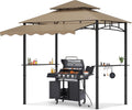 8'X 8' Grill Gazebo with Extra Side Awning, Double Tiered BBQ Gazebos Heavy-Duty Steel Frame Awning W/2 Side Shelf 7 Hook, Outdoor Pergola Awning Tent for Patio Deck Backyard BBQ Party (Khaki)