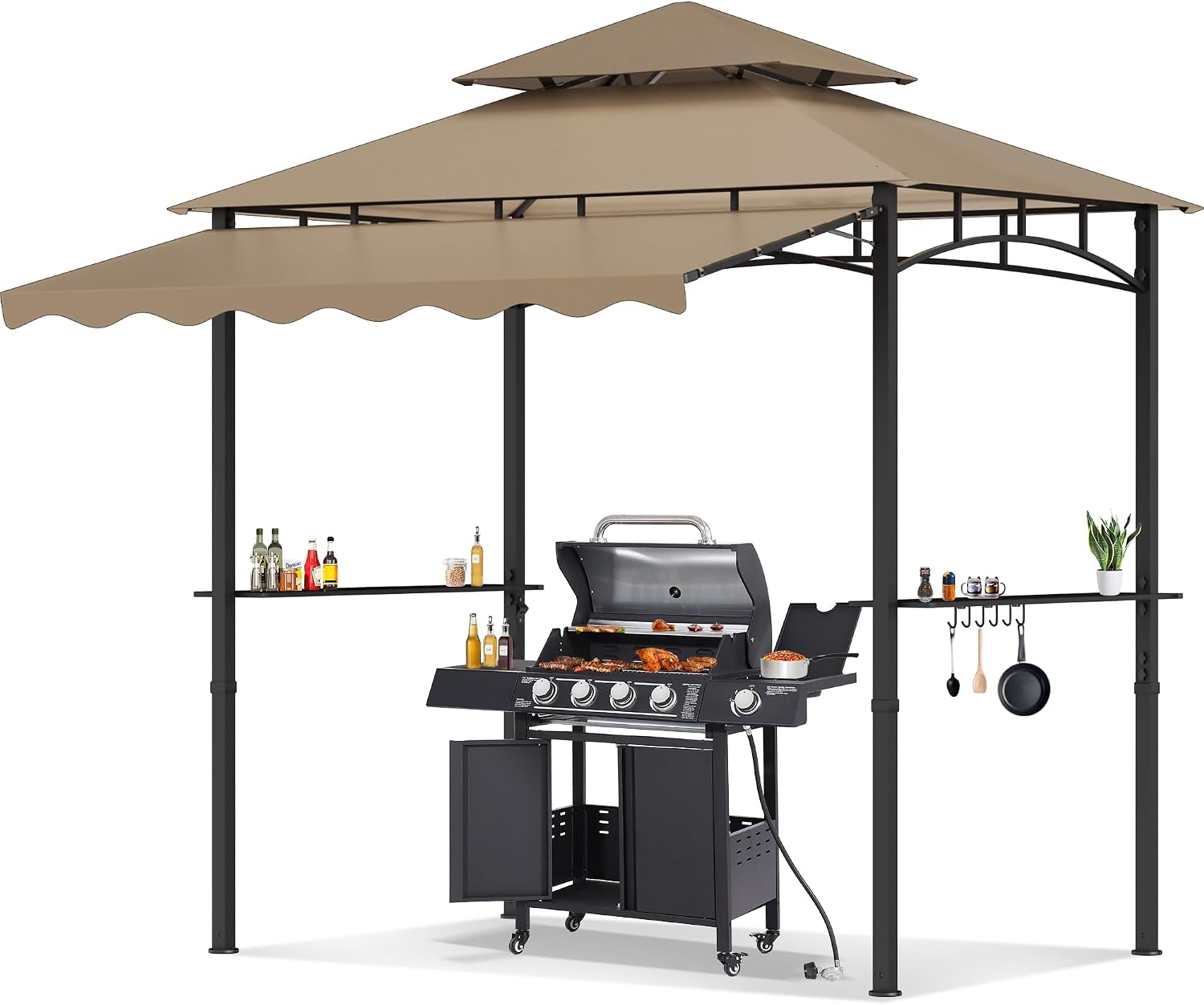 8'X 8' Grill Gazebo with Extra Side Awning, Double Tiered BBQ Gazebos Heavy-Duty Steel Frame Awning W/2 Side Shelf 7 Hook, Outdoor Pergola Awning Tent for Patio Deck Backyard BBQ Party (Khaki)