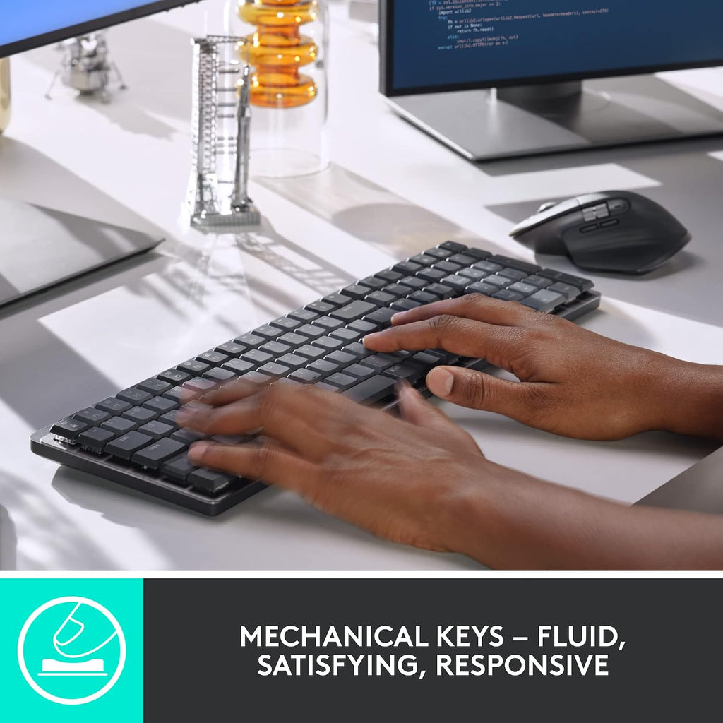 Logitech MX Mechanical Wireless Illuminated Performance Keyboard, Tactile Quiet Switches, Backlit Keys, Bluetooth, USB-C, macOS, Windows, Linux, iOS, Android, Metal, ‎Graphite