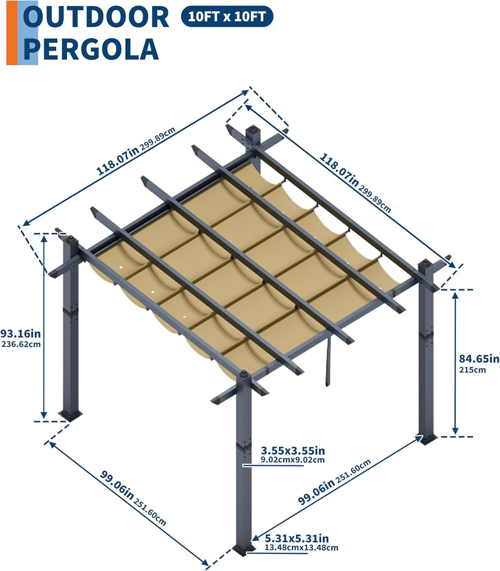 GarveeLife 10x10 ft Aluminum Pergola, Outdoor Metal Pergola with Adjustable Canopy, Reinforced Frame Outdoor Shelter for Backyard, Garden and Deck - Khaki