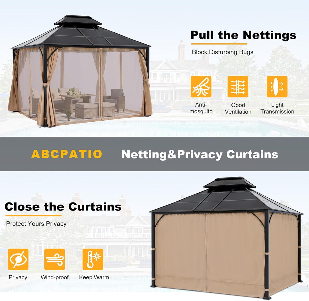 ABCCANOPY Double Roof Outdoor Hardtop Gazebo 10x12 - Patio Polycarbonate Hard Top Gazebos with Curtain and Netting (Beige)