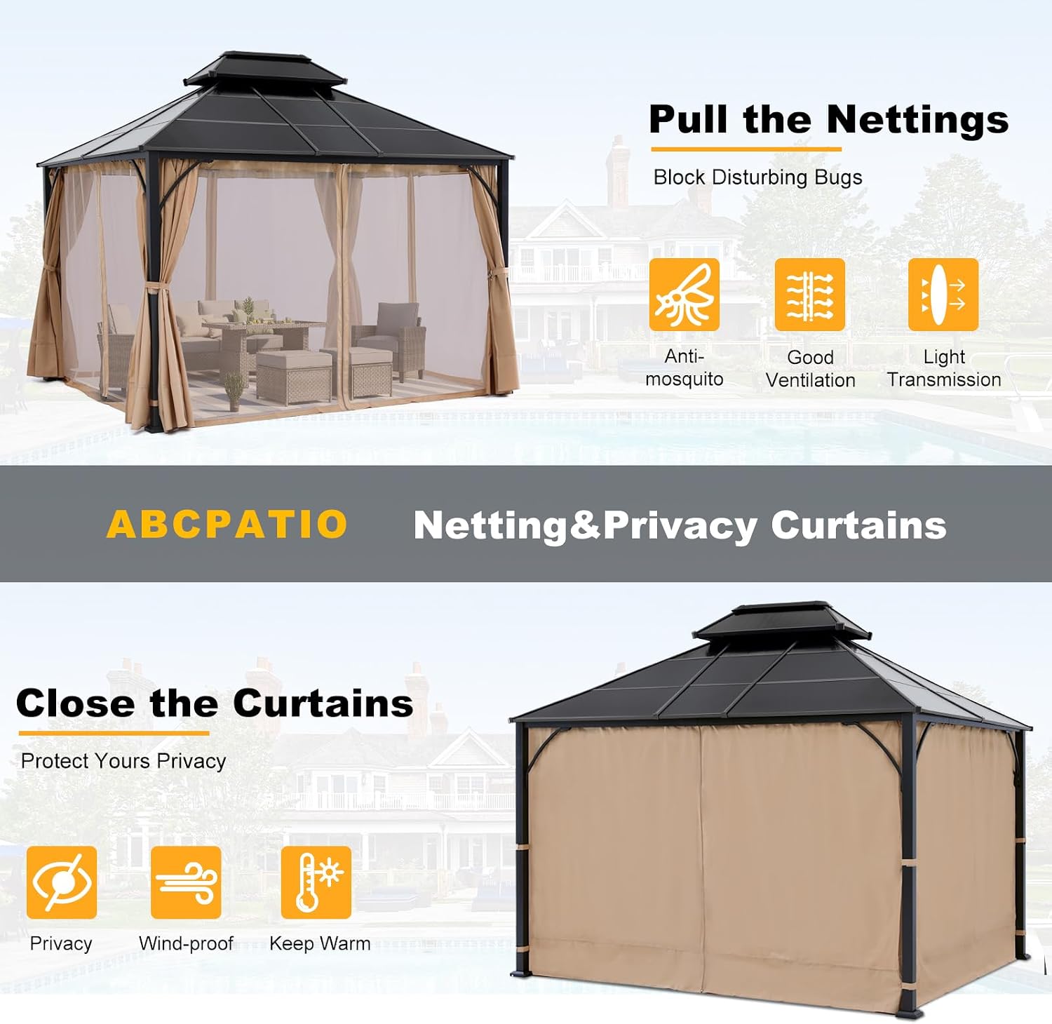 ABCCANOPY Double Roof Outdoor Hardtop Gazebo 10x12 - Patio Polycarbonate Hard Top Gazebos with Curtain and Netting (Beige)