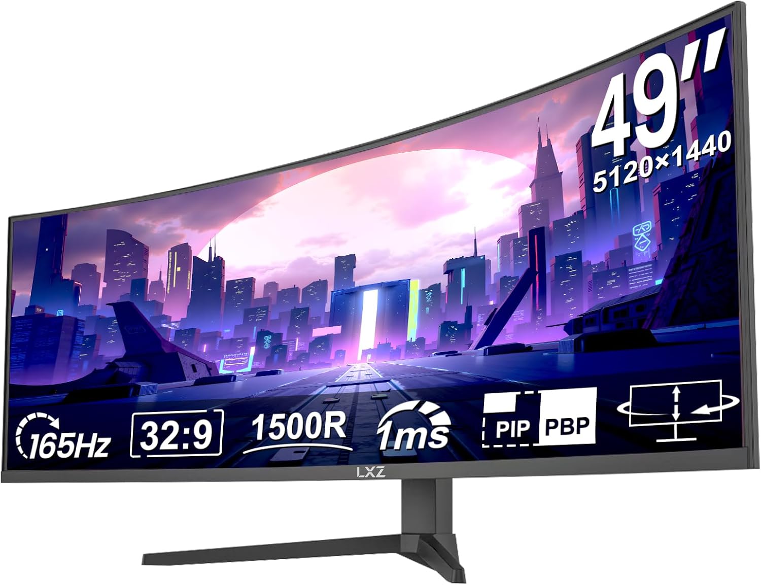 LXZ 49.5' Curved Gaming Monitor, 5120x1440 DQHD Ultrawide 32:9, 165Hz, 1ms MPRT, AMD FreeSync Premium, Height/Pivot/Swivel Adjustable, HDMI 2.1 & DP 1.4, VESA 75×75mm Mount Compatible