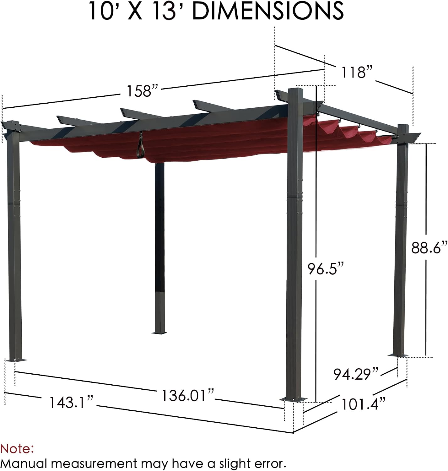 Kozyard Morgan Outdoor Retractable Pergola with Sun Shade Canopy Patio Aluminum Pergola Shelter for Backyard Deck Garden Modern Metal Grill Gazebo (10' x 13', Burgundy)