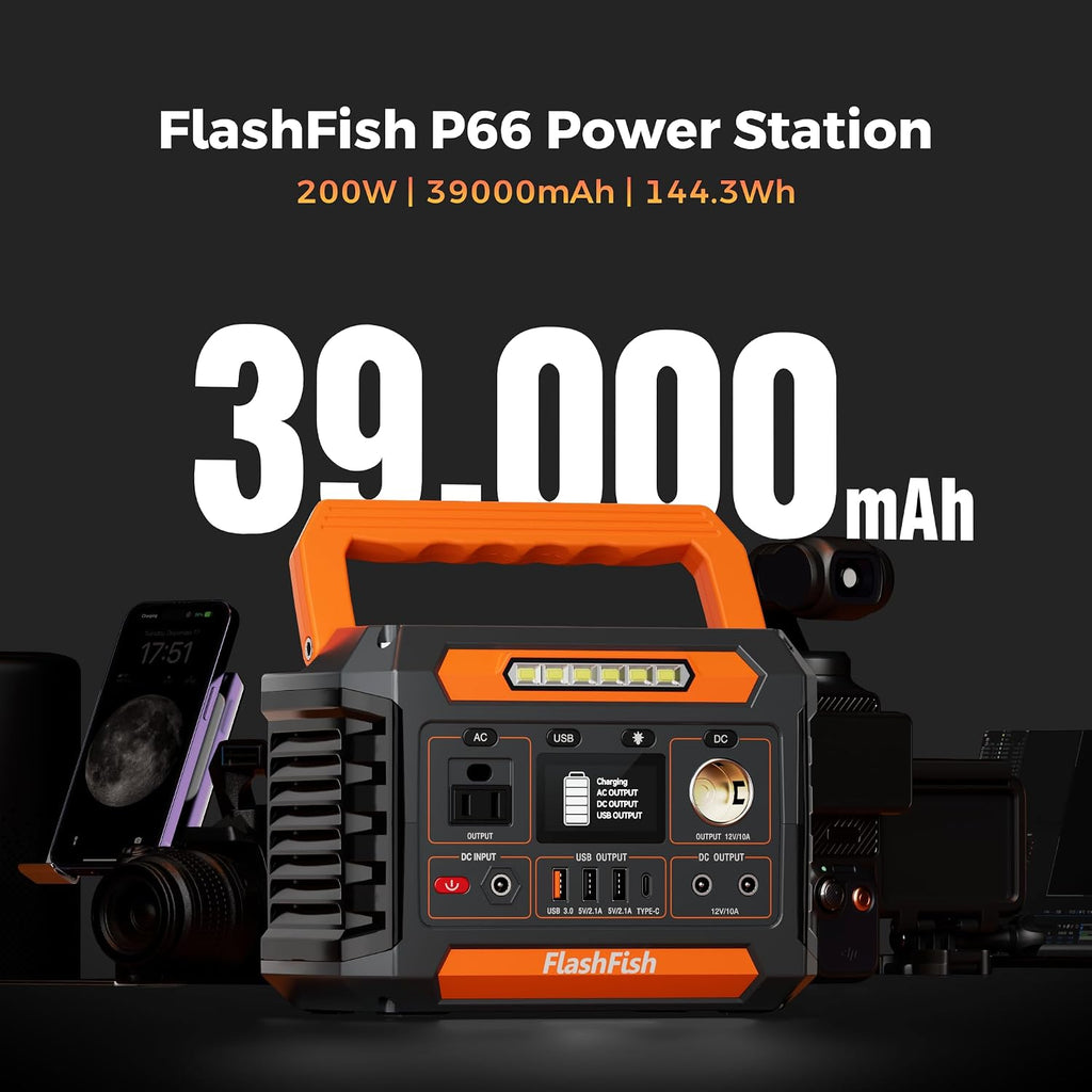 FF Flashfish 144.3Wh with Solar Panel 100W, Solar Generator 200W with AC/DC/USB/Type C/LED Lights, Backup Battery for Camping, Travel and Emergencies