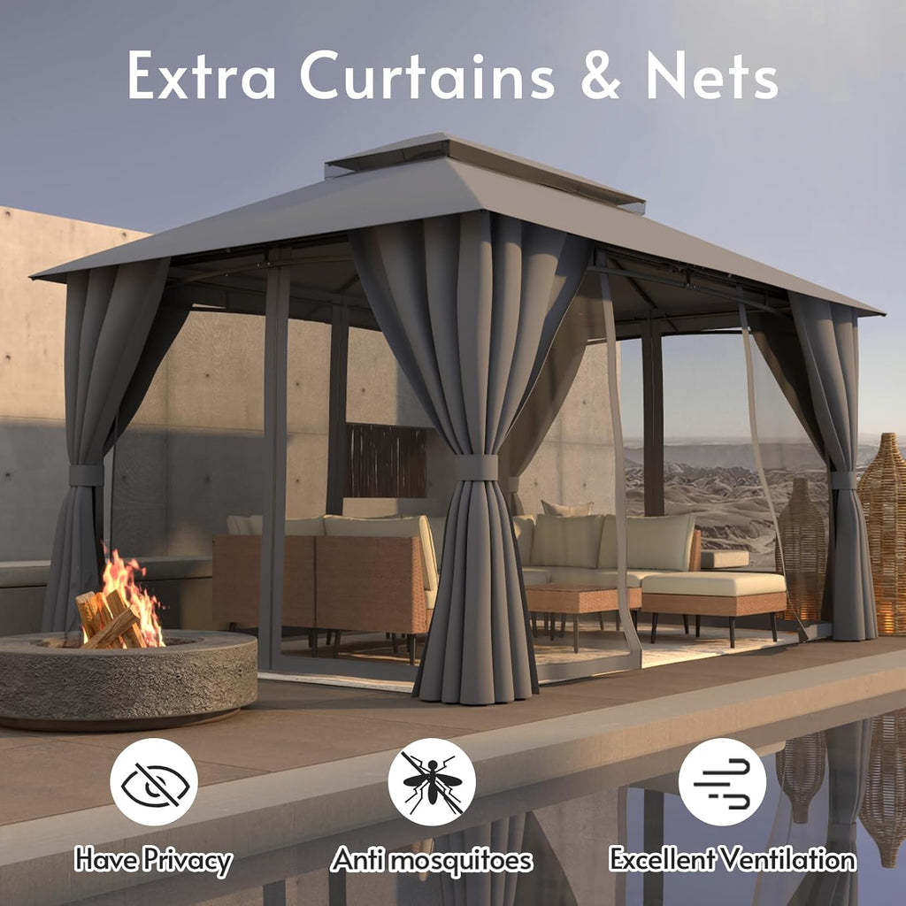 Outdoor Gazebo 10x13 with Double Roof, Patio Gazebo with Netting & Curtain Included. Trapezoidal Support System for Enhanced Stability, Perfect for Patio, Deck, Backyard