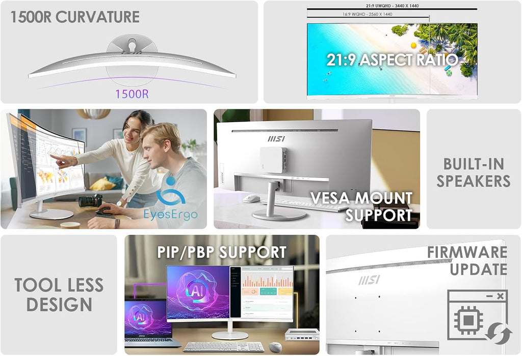 msi PRO MP341CQW E12 34-inch VA 3440 x 1440(UWQHD) Computer Monitor, 120Hz, Adaptive-Sync, HDMI, DisplayPort, VESA Mountable, Speaker, 1ms, White