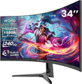 CRUA 34' Curved Gaming Monitor, 240Hz WQHD 3440x1440, UltraWide 21:9, 1500R VA, 120% sRGB, FreeSync, Built-in Speakers, Ideal for Gaming, Streaming, and Office Use, Wall Mountable Installs-Black