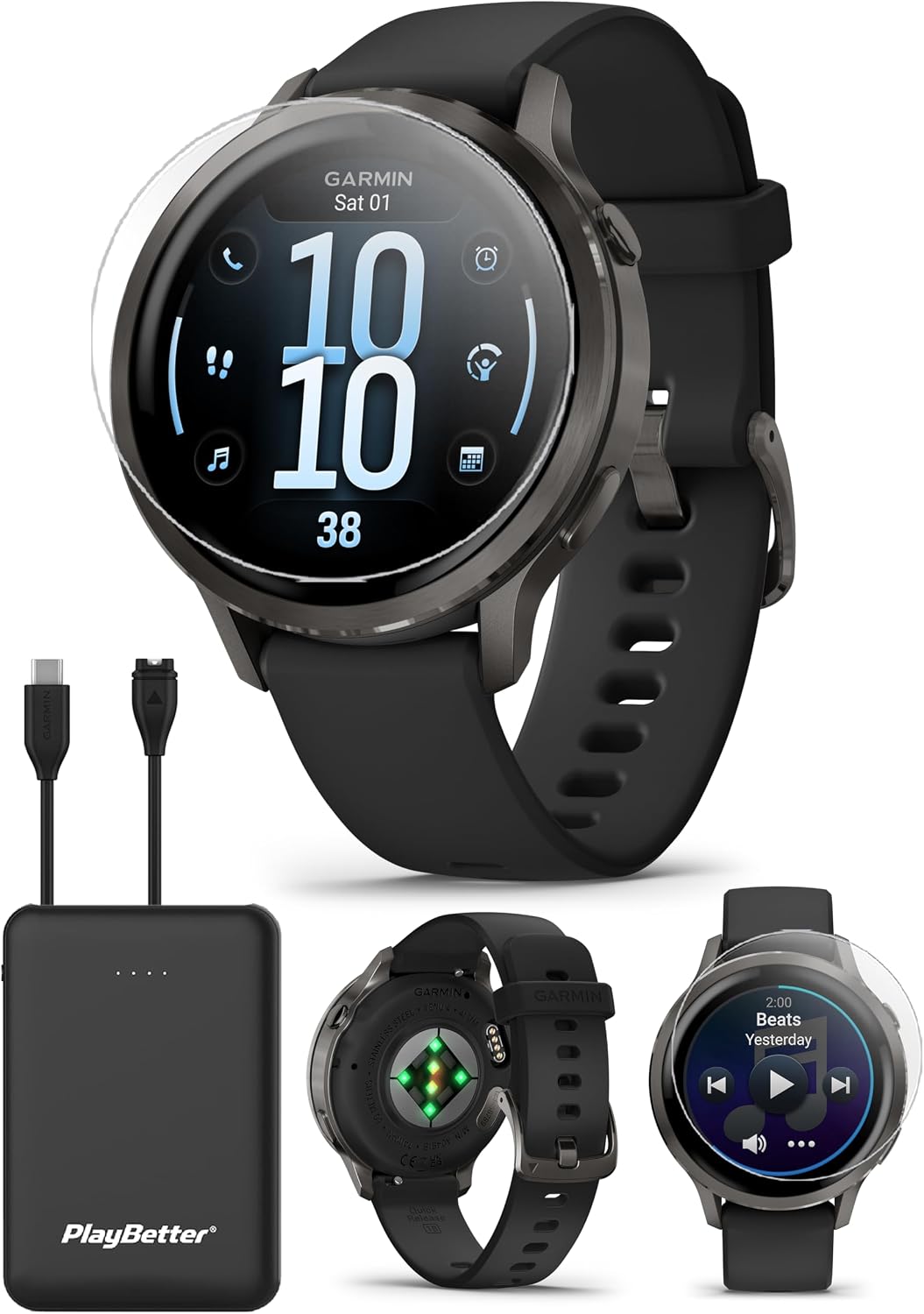PlayBetter Garmin Venu 4 (Slate/Black, 41mm) Fitness GPS Smartwatch Bundle - AMOLED Display, Built-in Flashlight, Long Battery Life Portable Charger & HD Screen Protectors