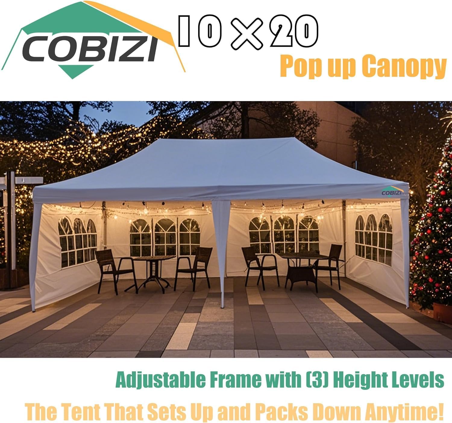 COBIZI 10x20 Pop Up Canopy Tent with Sidewalls,Party Tent Outdoor Gazebos, Waterproof & UV50+,3 Adjustable Heights,Higher Frame Design - Extra Tall for Parties Backyard,Weddings,Markets, White