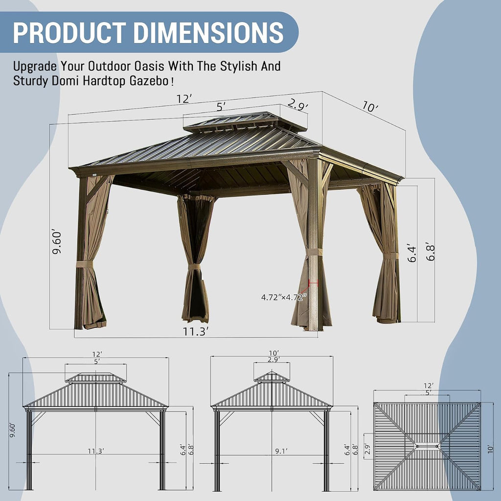 Domi 10'x12' Hardtop Gazebo with Aluminum Frame, Outdoor Metal Gazebo with Galvanized Steel Double Roof, Heavy Duty Curtains and Netting Included, Permanent Pergola for Backyard, Garden Lawn, Brown