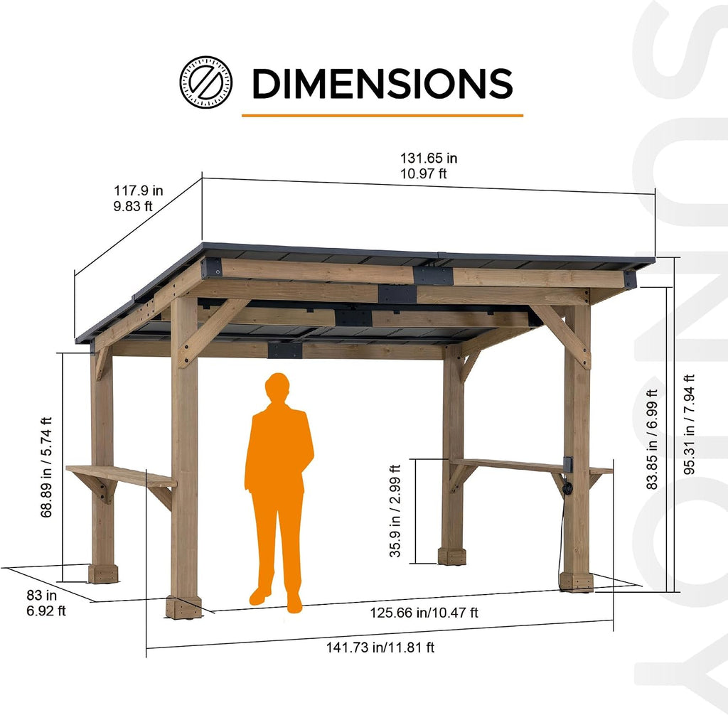 SUNJOY 12' x 10' Grill Gazebo, Outdoor Cedar Wood BBQ Pavilion Backyard Hot Tub Gazebo with Hardtop Metal Roof, Exclusive PowerPort and Bar Shelves, Permanent Cook Station for Patio, Deck, Garden
