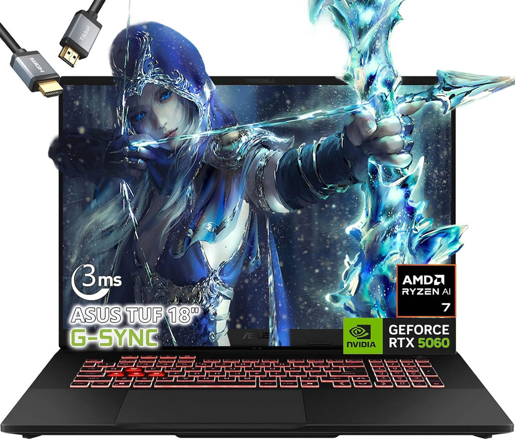 ASUS TUF Gaming Laptop A18 inch - AMD Ryzen 7 260 Beat i9-13905H - NVIDIA RTX 5060-18' WUXGA Display 144Hz - RGB Backlit Keyboard - USB Type-C - FHD Camera - HDMI Cable (64GB RAM| 2TB PCIe SSD)