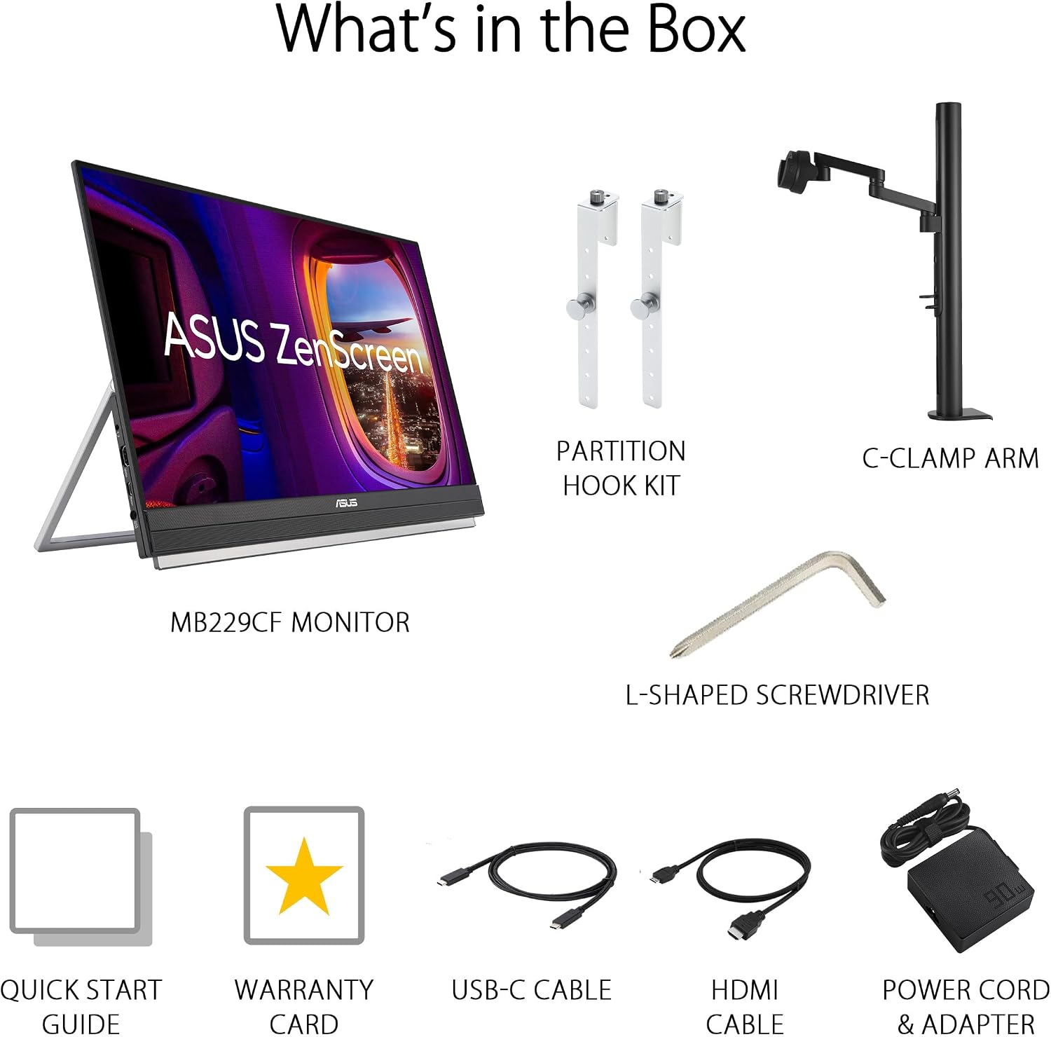 ASUS ZenScreen 22' (21.5 viewable) 1080P Portable Monitor (MB229CF) – Full HD, IPS, 100Hz, USB-C PD 60W, Speakers, Carrying Handle, Kickstand, C-clamp Arm, Partition Hook, Subwoofer, 3 yr Warranty