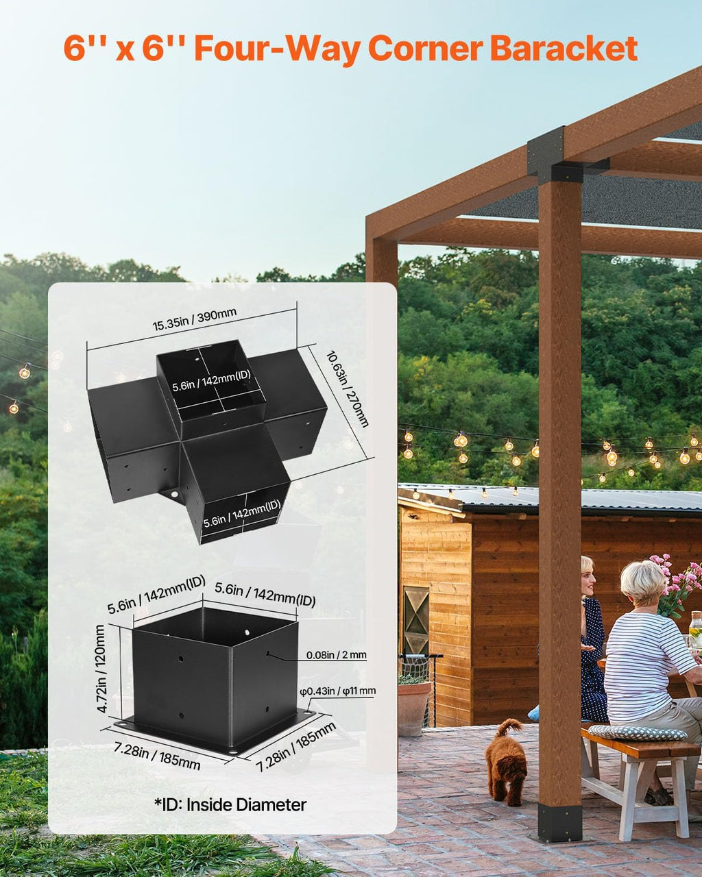 VEVOR Pergola Bracket Kit, 6x6 Inch (Inner Size 5.5x5.5), 2 Pcs 4-Way Heavy Duty Corner Bracket Woodworks DIY Post Base Kit, Easy Installation Wooden Beams for Gazebos, Patio Pergolas, Log Cabin