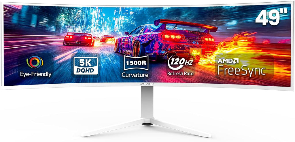 CRUA 49' White Curved Monitor | DQHD(5120 * 1440), 120Hz, 1500R, 32:9, AMD FreeSync, 120% sRGB, Height Adjustable Ultra-Wide Screen Computer Monitors, HDMI 2.1 & DP 1.4, Wall Mount Install