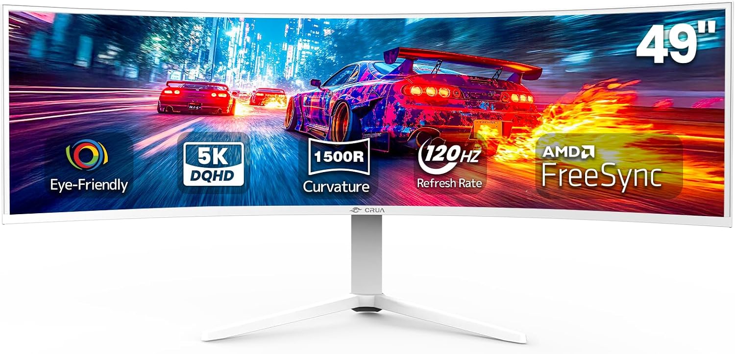 CRUA 49' White Curved Monitor | DQHD(5120 * 1440), 120Hz, 1500R, 32:9, AMD FreeSync, 120% sRGB, Height Adjustable Ultra-Wide Screen Computer Monitors, HDMI 2.1 & DP 1.4, Wall Mount Install