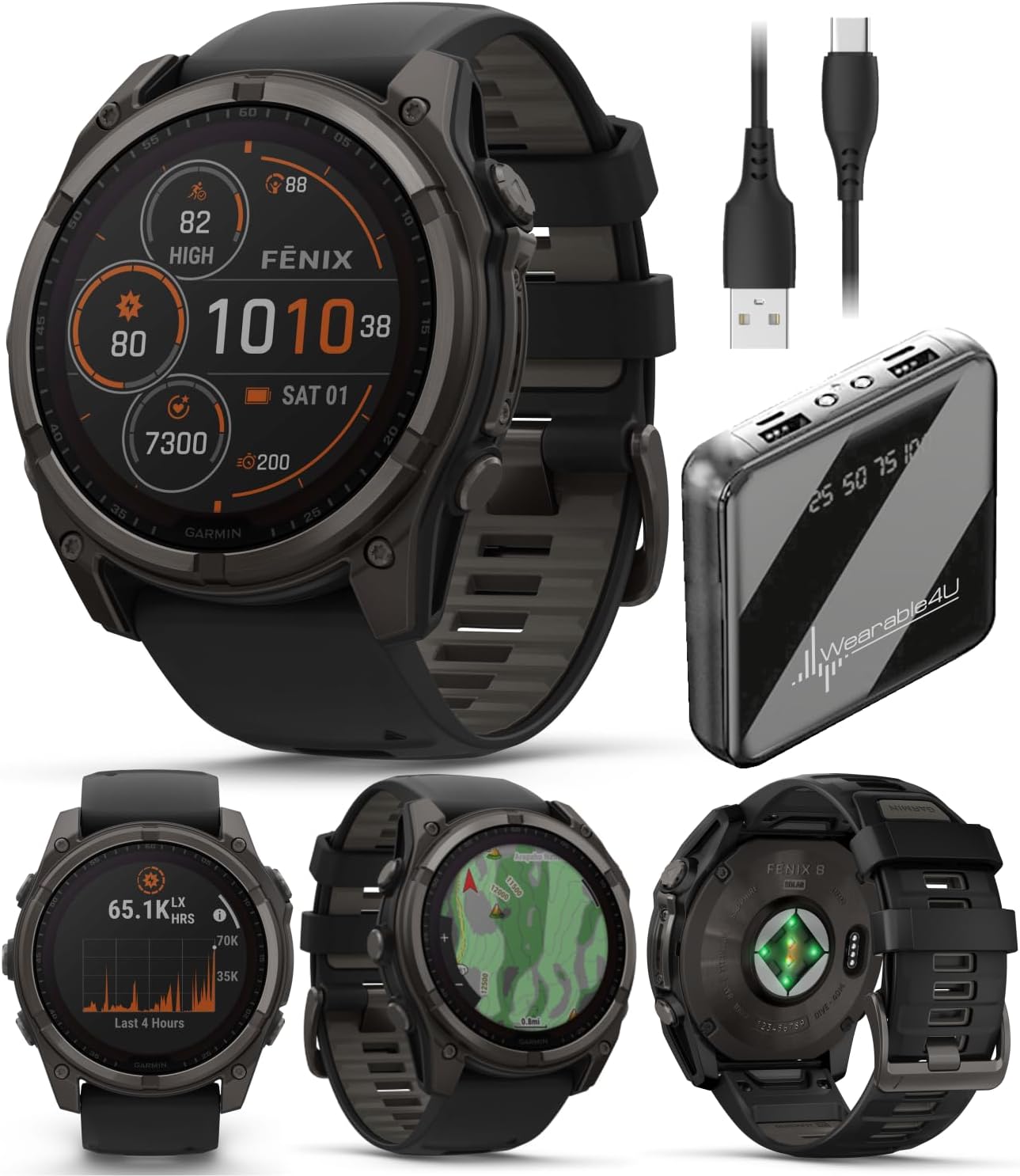 Garmin Fenix 8 – 51 mm, Solar, Sapphire, Carbon Gray DLC Titanium GPS Multisport Smartwatch with Black/Pebble Gray Silicone, Voice Control, Built-in LED Flashlight Power Bank Bundle