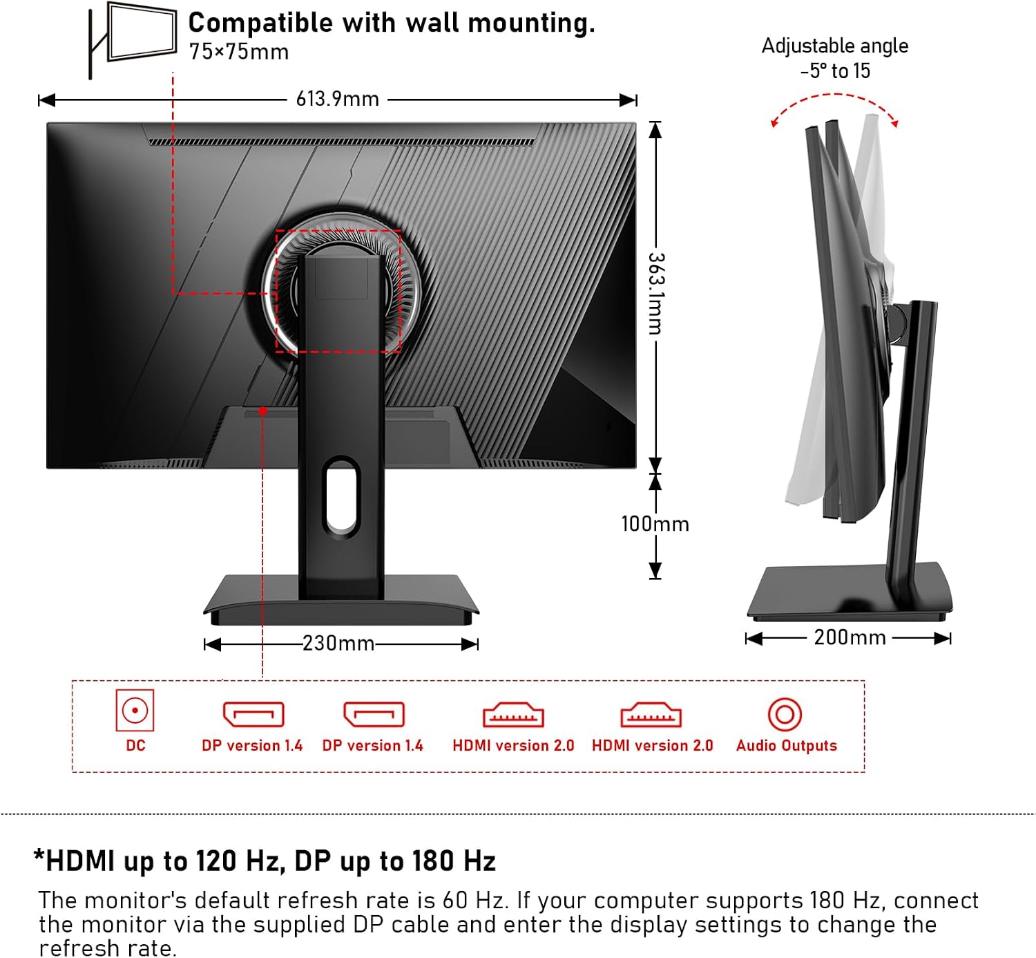 Gawfolk 27 inch 2K QHD(2560×1440) PC Screen, 180Hz Gaming Monitor, 1ms Without Bezel, FreeSync,100% sRGB, 178° Wide Viewing Angle, HDMI2.0、DisplayPort, 75 * 75MM Wall Mount Compatible - Black
