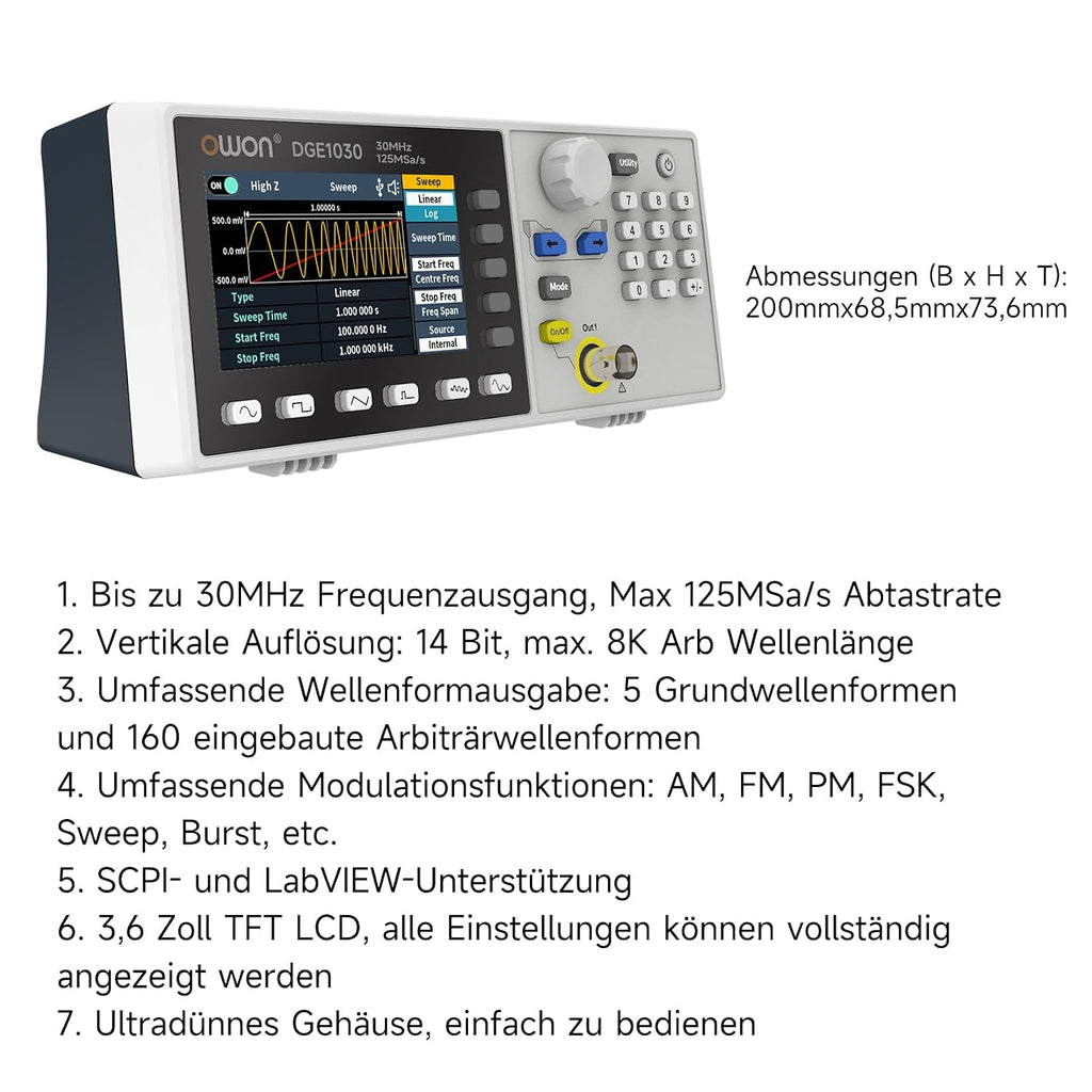OWON Waveform Generator,30MHz Bandwidth, 125MSa/s Sampling Rate, 14 bits Vertical Resolution, 8K Waveform Length,5 Basic Waveforms, and 160 built-in Arbitrary Waveforms, with 3.6IN LCD Display DGE1030