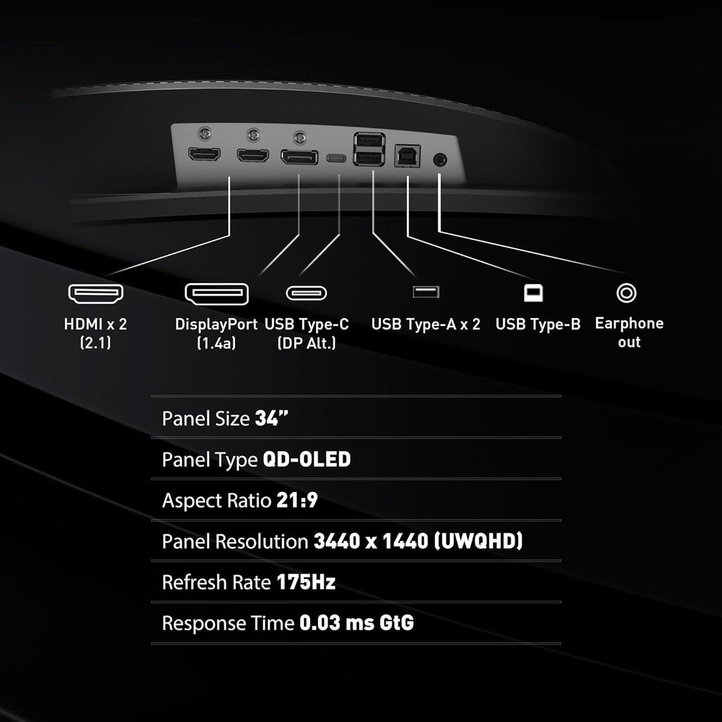 msi MAG 341CQP QD-OLED, 34 Curved OLED Gaming Monitor, 3440 x 1440 (UWQHD), 0.03ms Response time, 175Hz, True Black HDR 400, HDMI, DP Port, USB Type C, Tilt, Height, Black