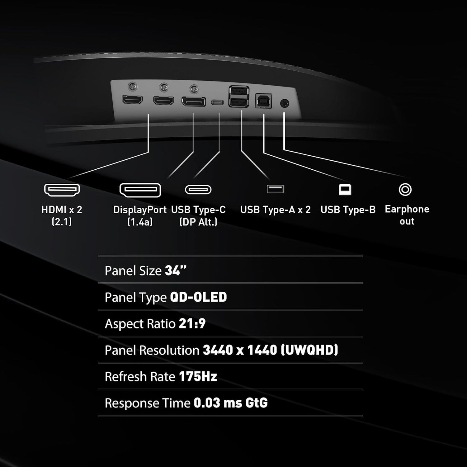 msi MAG 341CQP QD-OLED, 34 Curved OLED Gaming Monitor, 3440 x 1440 (UWQHD), 0.03ms Response time, 175Hz, True Black HDR 400, HDMI, DP Port, USB Type C, Tilt, Height, Black