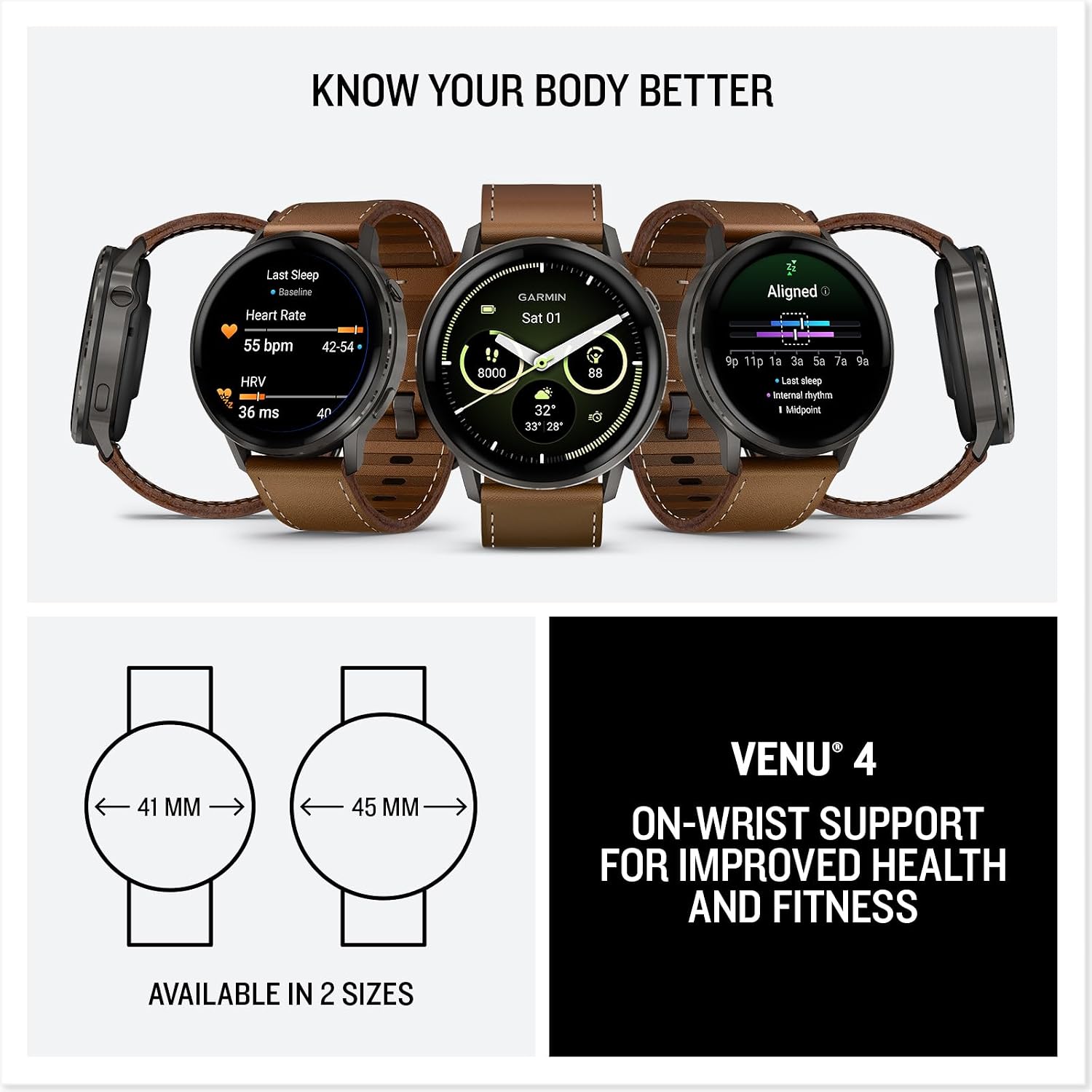 PlayBetter Garmin Venu 4 (Slate/Black/Brown Leather, 45mm) Fitness GPS Smartwatch Bundle - AMOLED Display, Built-in Flashlight, Long Battery Life Portable Charger & HD Screen Protectors