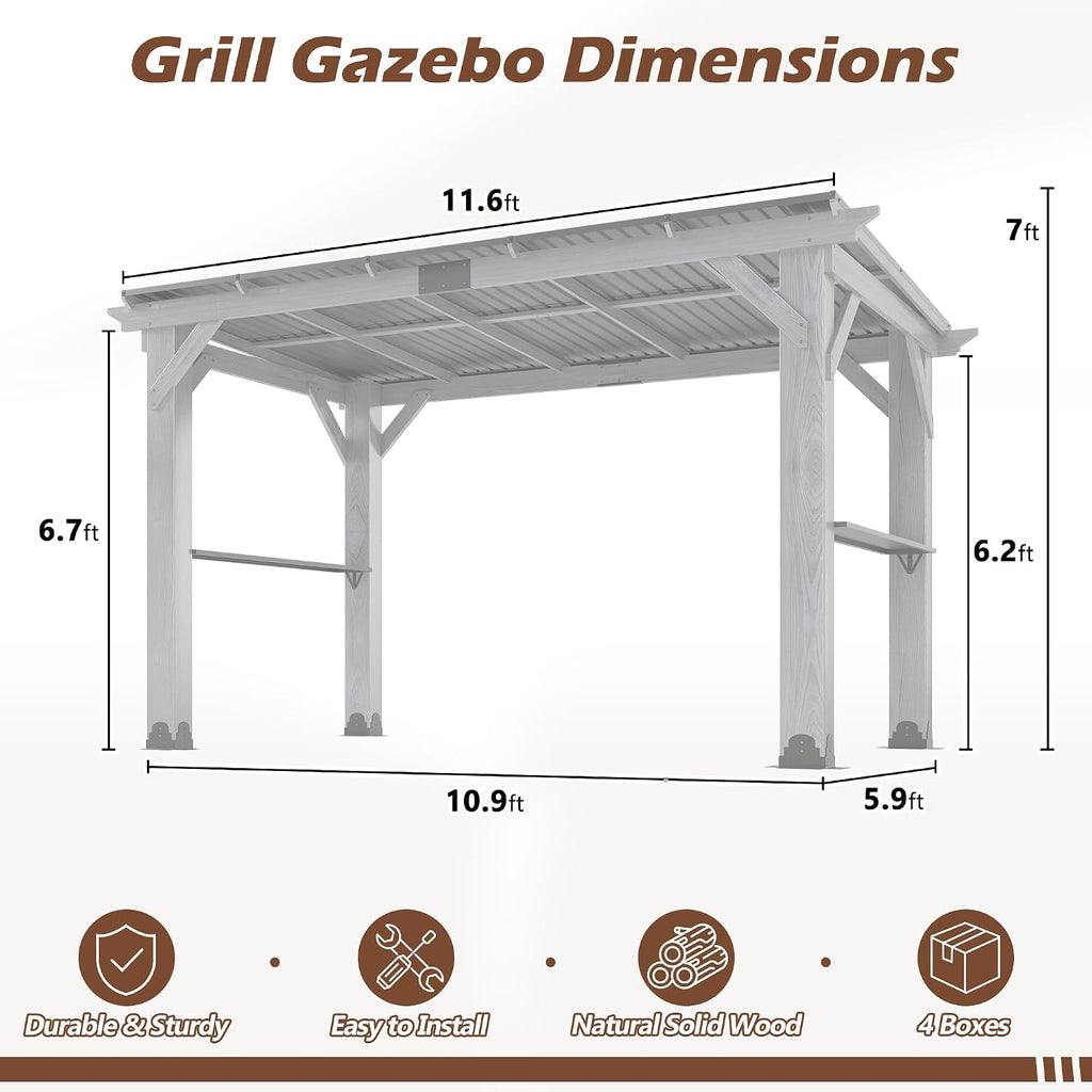 6.5x12.5 FT Wood Grill Gazebo, BBQ Wooden Gazebo with Hardtop Galvanized Steel Roof, Outdoor Cedar Wood Gazebos with 2 Side Shelves for Barbecue, Garden, Deck