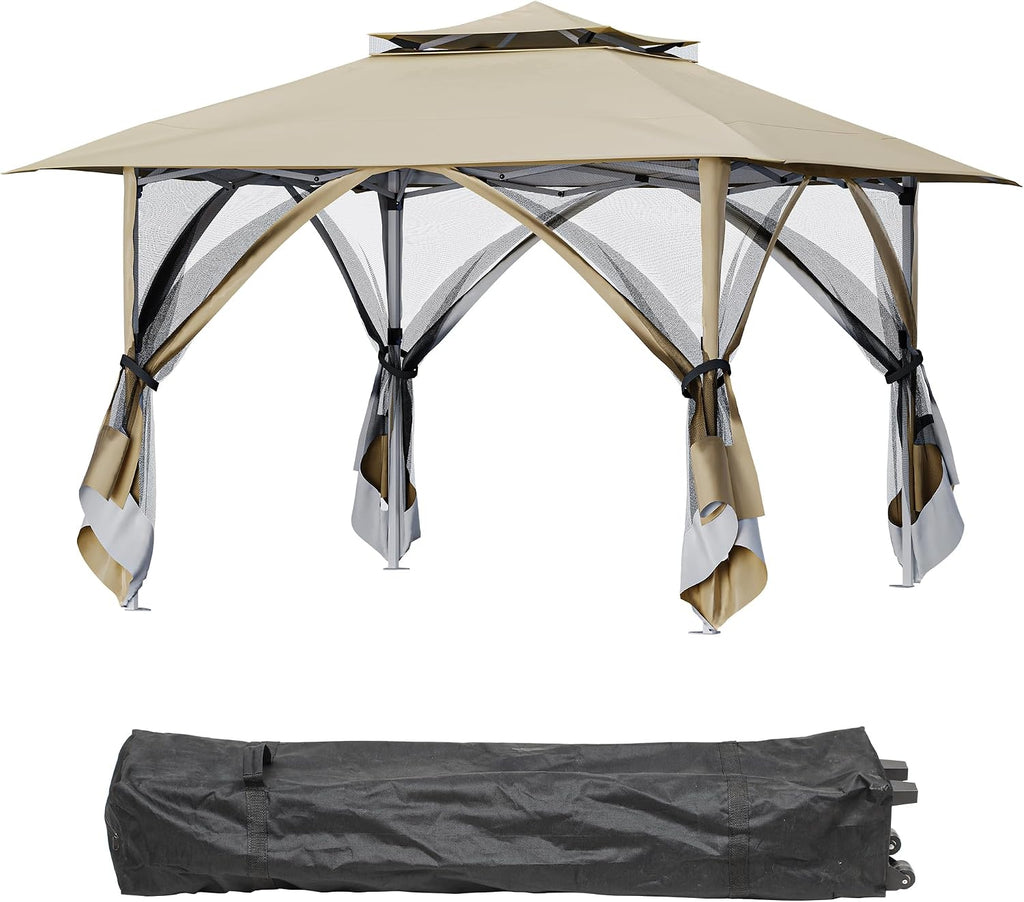 YITAHOME 13'x13' Pop Up Gazebo Double Roof Patio Gazebo, Outdoor Portable Canopy Instant Tent with Netting for Lawn, Garden, Backyard and Deck, Beige