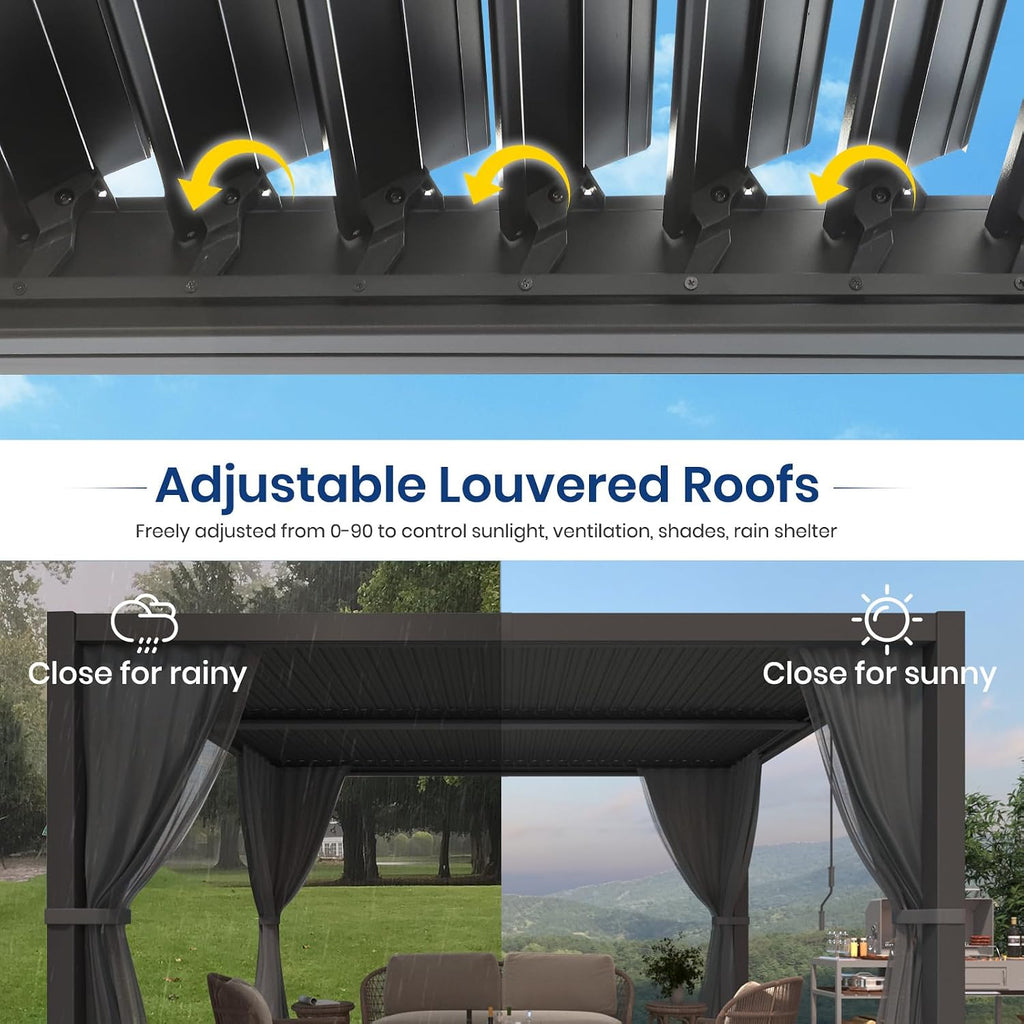 10'×12' Outdoor Louvered Pergola, Aluminum Outdoor Louvered Pergola Patio with Adjustable Roof for Outdoor Deck, Backyard, Garden (10x12FT with Curtain)