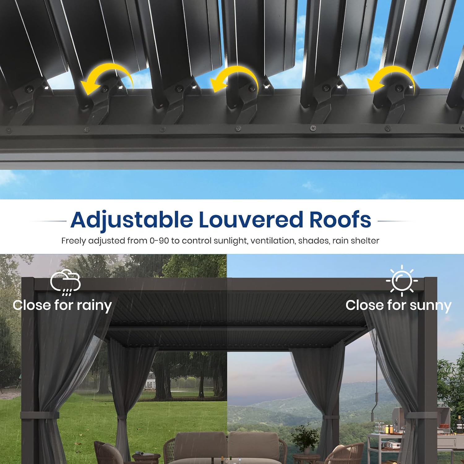 10'×12' Outdoor Louvered Pergola, Aluminum Outdoor Louvered Pergola Patio with Adjustable Roof for Outdoor Deck, Backyard, Garden (10x12FT with Curtain)