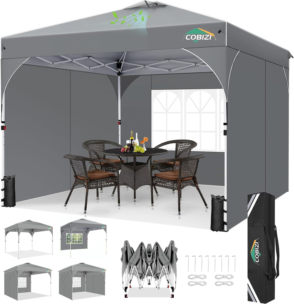 COBIZI 10x10 Pop Up Canopy with 3 Removable Sidewalls, Easy Pop Up Comercial Instant Canopy with One Push Center Lock, Waterproof Canopy with Sidewalls for Event, Rope & Stakes & Sandbags, Gray