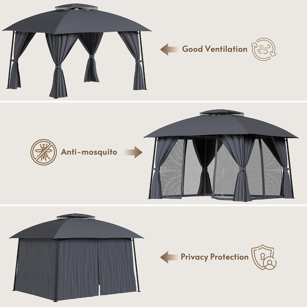 Outdoor Patio Gazebo 10x12 with Solar Powered LED Light, Heavy Duty Metal Frame Canopy Tent Shelter with Double Roof Design, Patio Gazebo with Mosquito Nettings and Privacy Screens for Patio