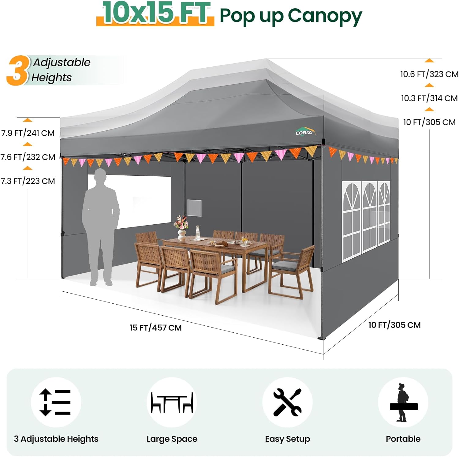 COBIZI 10x15 FT Heavy Duty Pop up Canopy with 4 Removable Sidewalls, Easy up Gazebo High Stability, All Weather Sunshade 100% Waterproof Outdoor Canopy Tents with Carry Bag, Gray