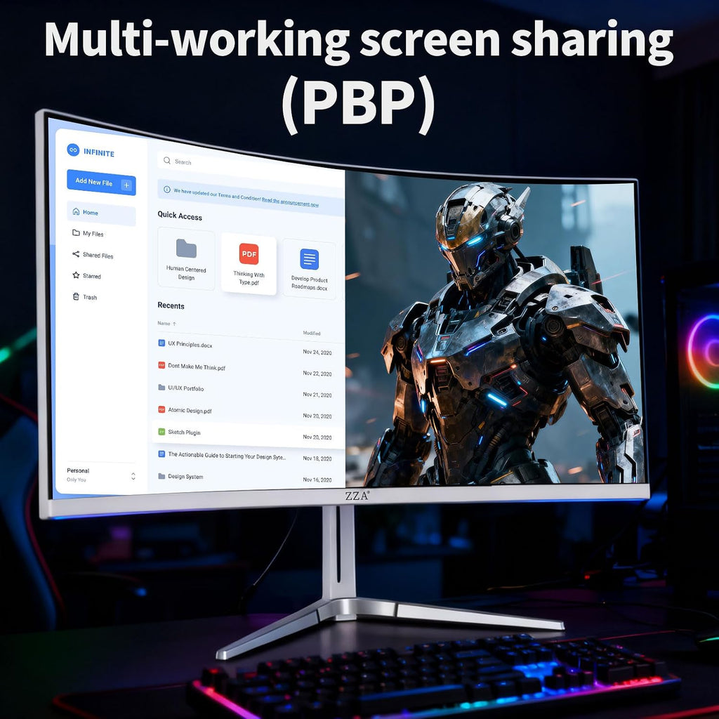 ZZA 34'' Gaming Monitor-165Hz/180Hz WQHD (3440x1440P) Ultrawide 34 White Curved Monitor,FreeSync for Tear-Free Gaming,120% sRGB, HDMI 2.1 & DP 1.4,PBP Mode,Wall Mountable