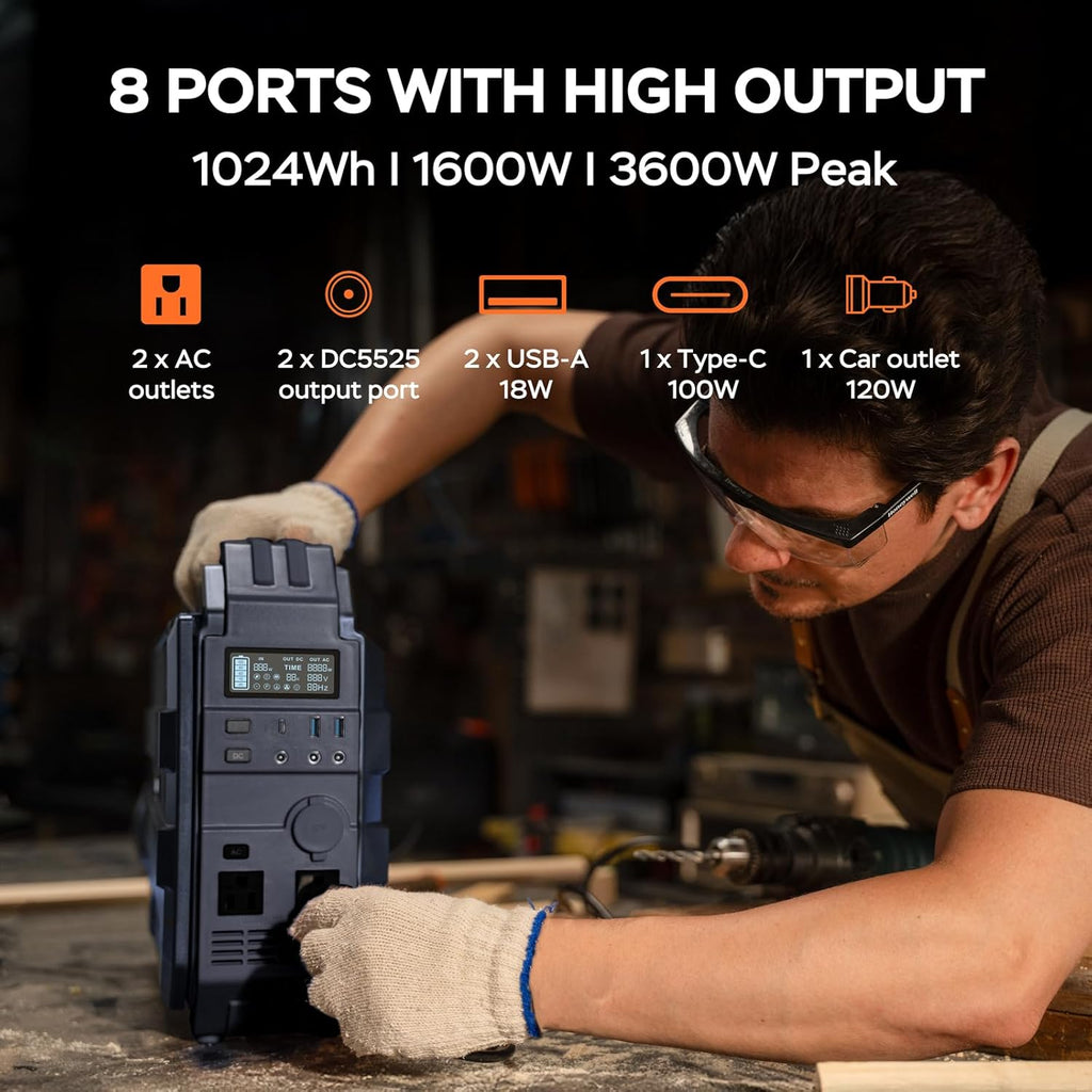 BLAVOR Portable Power Station 1600W (Peak 3200W), Built-in Solar Panel, 1024Wh LiFePO4 Battery, 100W USB-C Fast Charge, Solar Generator for Home Backup, Camping, Power Outages & RV