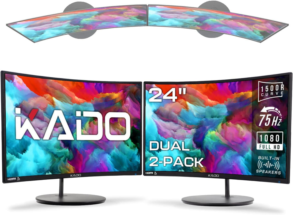 Kado Dual Monitor Setup - 2-Pack 24' Curved 1500R 1920x1080 Computer Monitor 75Hz VESA Mount HDMI Office Gaming Built-in Speakers (C24 Dual Series)