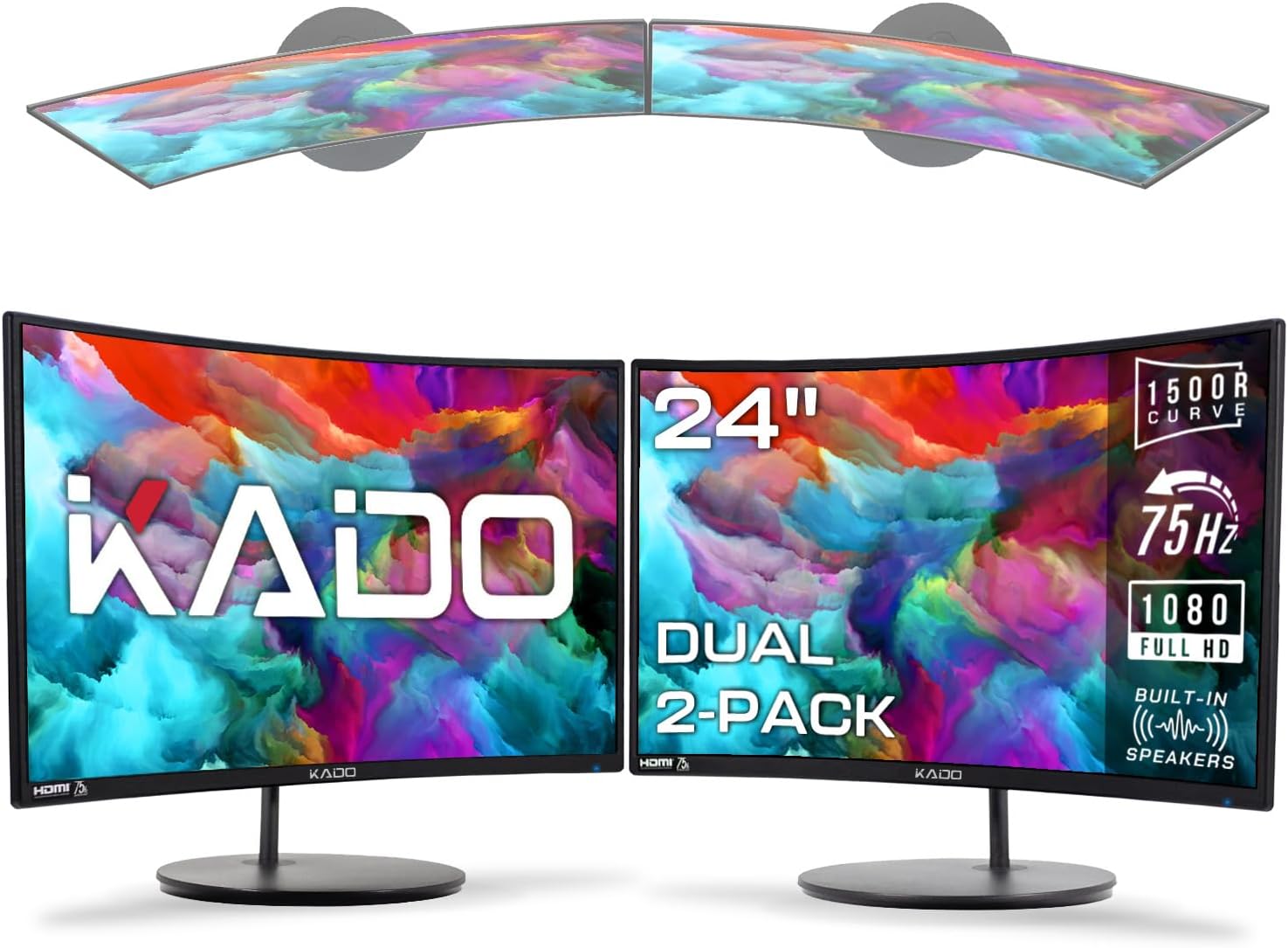Kado Dual Monitor Setup - 2-Pack 24' Curved 1500R 1920x1080 Computer Monitor 75Hz VESA Mount HDMI Office Gaming Built-in Speakers (C24 Dual Series)
